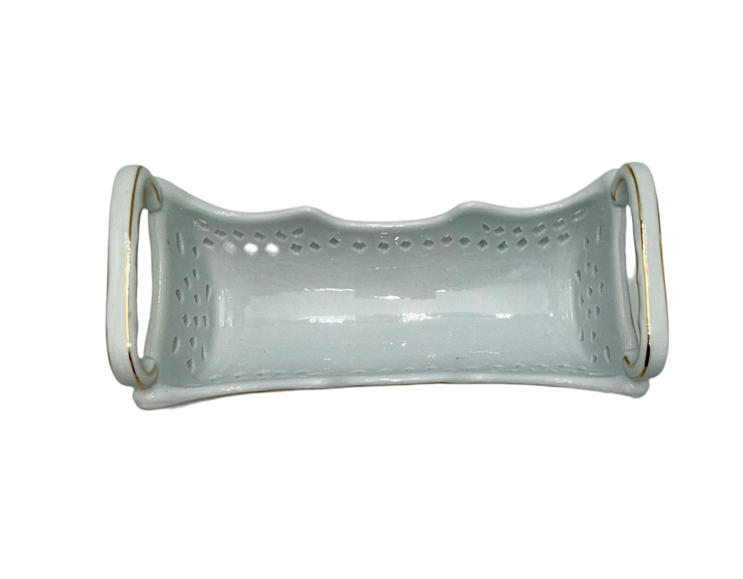 ELEGANT RETICULATED PORCELAIN CENTERPIECE BASKET WITH GOLD TRIM BY B&L PORCELAIN TREASURES