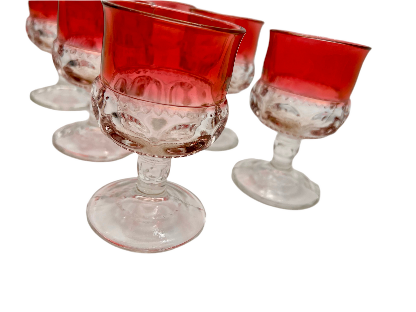 RARE MID-CENTURY SMALL GOBLET SET OF 6 VINTAGE KINGS CROWN RUBY RED THUMBPRINT