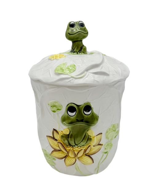 NEIL THE FROG COOKIE JAR — VINTAGE 1976 SEARS CERAMIC CANISTER — LILY PAD FROG KITCHEN DECOR