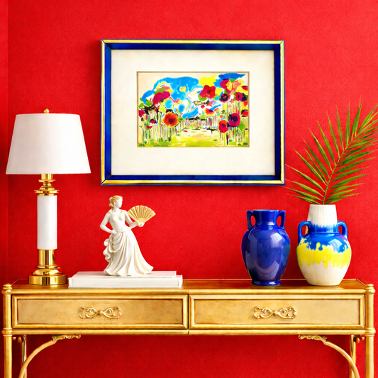 ORIGINAL MID-CENTURY MODERN WATERCOLOR – ATTRIBUTED TO RONALD JULIUS CHRISTENSEN, FLORAL POPPY GARDEN ART