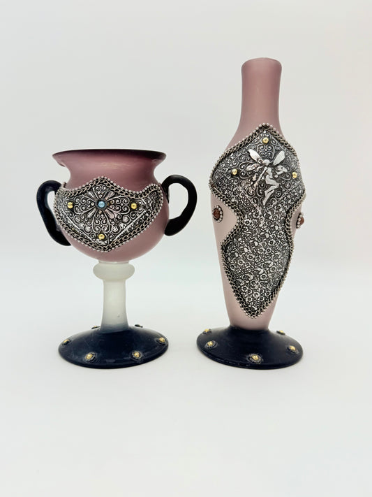 VINTAGE JEWELED ART GLASS VASE AND GOBLET SET | ORNATE METAL OVERLAY PEDESTAL DECOR | HOLLYWOOD REGENCY ECLECTIC ACCENT