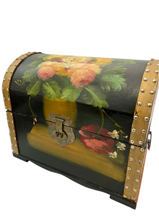 VINTAGE LEATHER TRIMMED FLORAL PAINTED CHEST