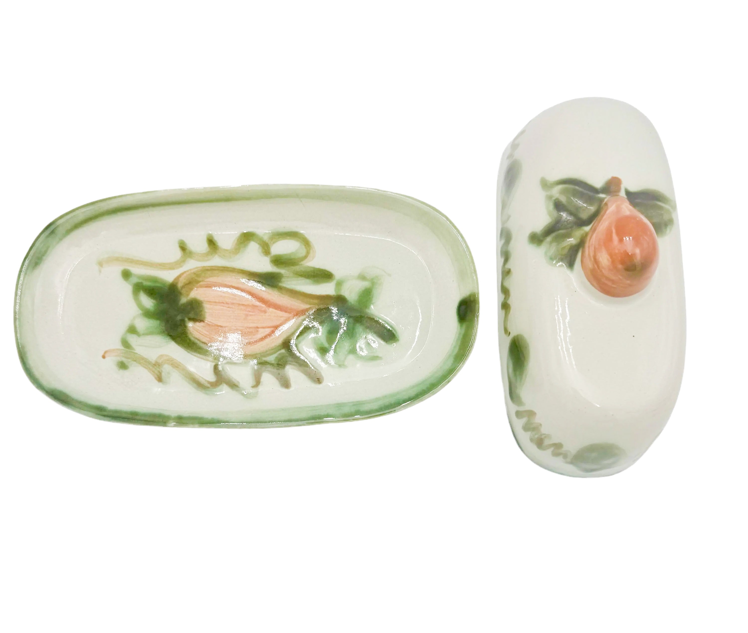 Vintage 1950s John B. Taylor Harvest pattern ceramic covered butter dish with raised fruit motifs.