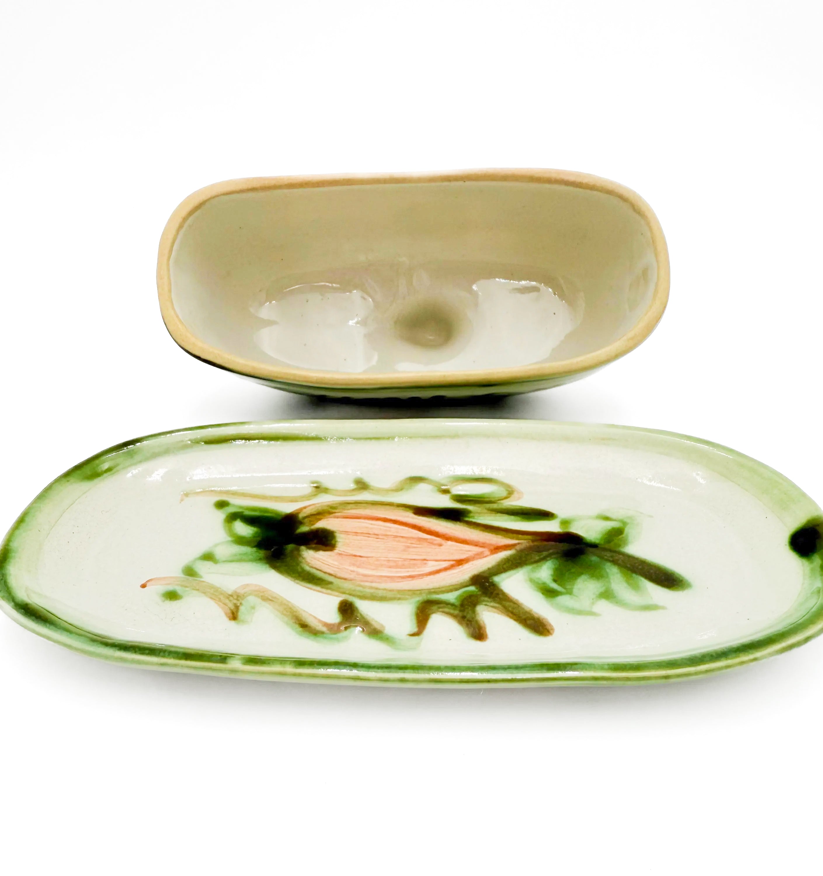 Vintage 1950s John B. Taylor Harvest pattern ceramic covered butter dish with raised fruit motifs.