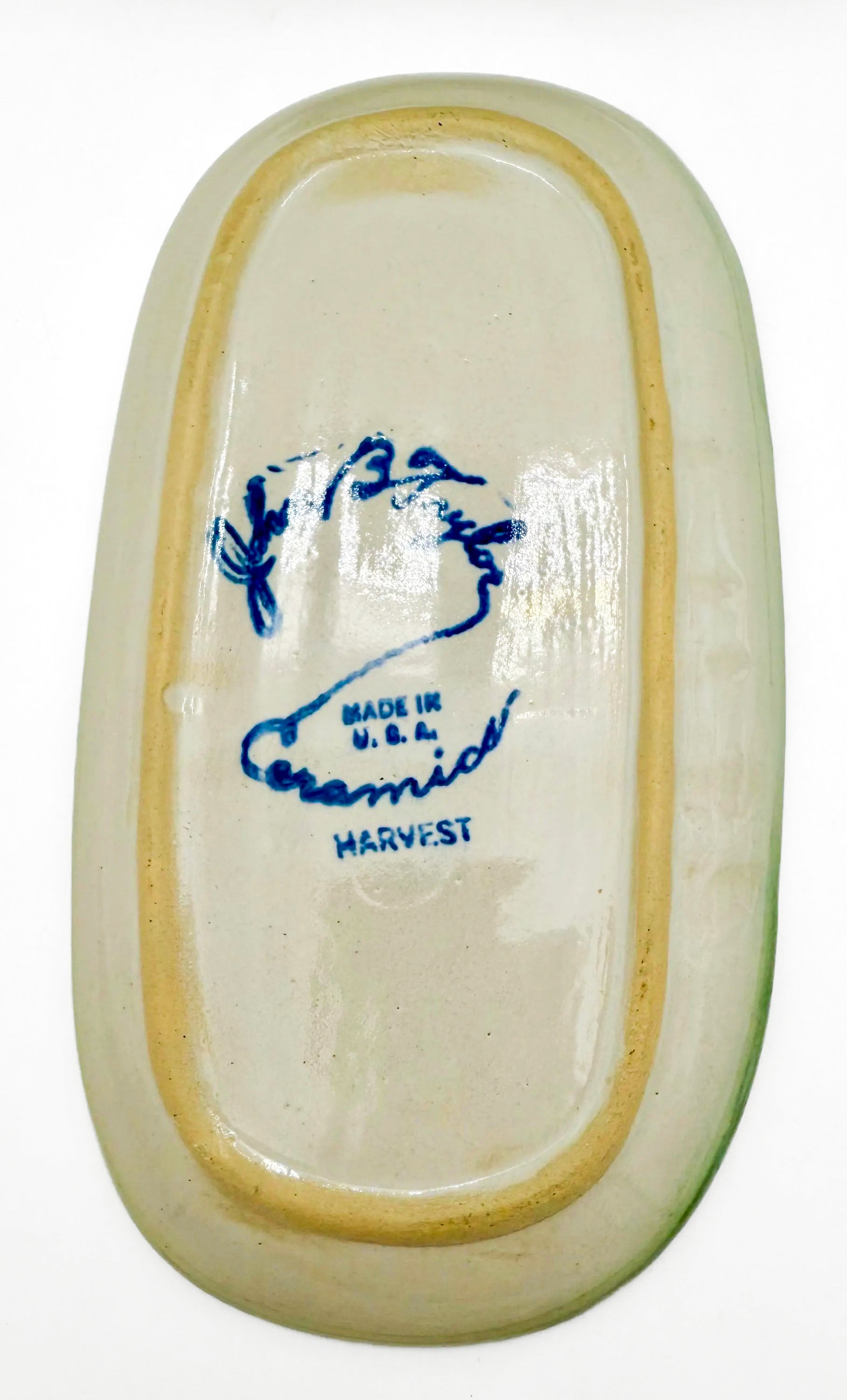 Vintage 1950s John B. Taylor Harvest pattern ceramic covered butter dish with raised fruit motifs.