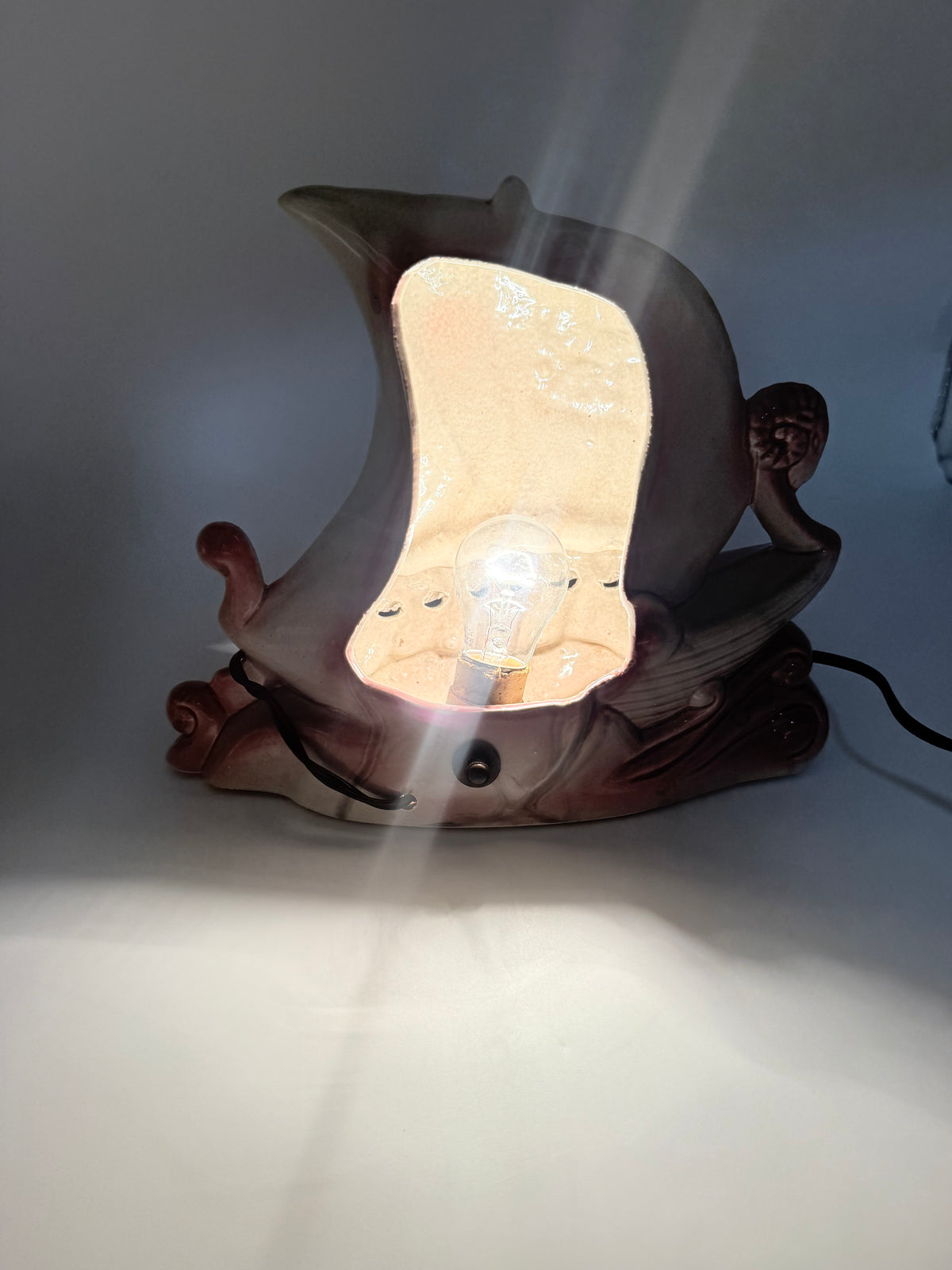 Vintage 1950s Pink & Gray Green Viking Ship Ceramic TV Lamp