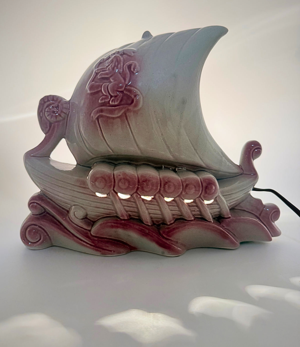 Vintage 1950s Pink & Gray Green Viking Ship Ceramic TV Lamp
