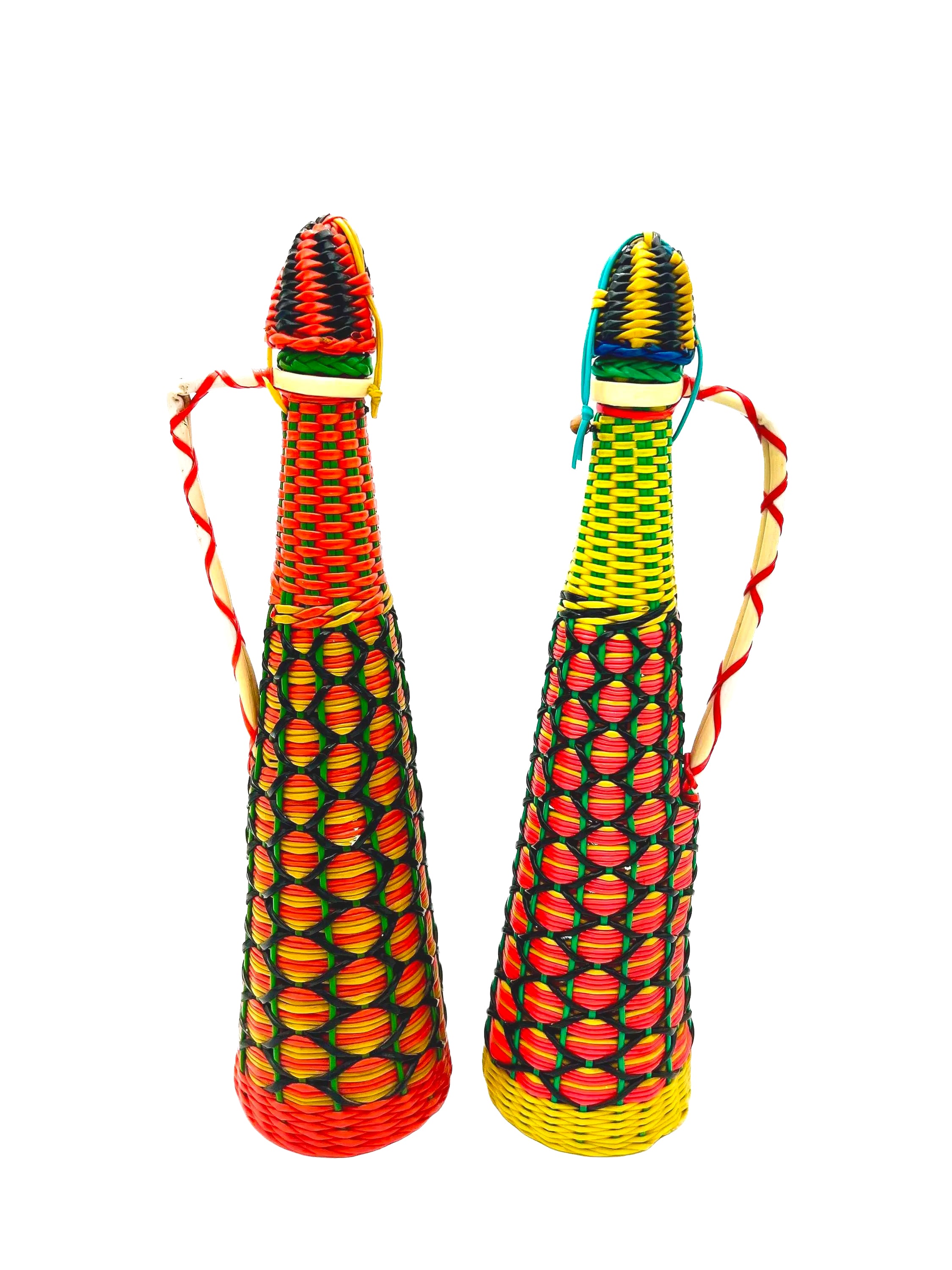 Spanish vintage decanter wrapped in colorful 1960s boho Scoubidou woven plastic webbing.