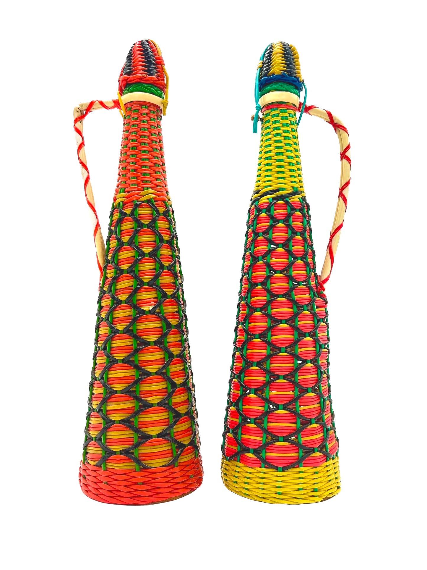 Spanish vintage decanter wrapped in colorful 1960s boho Scoubidou woven plastic webbing.