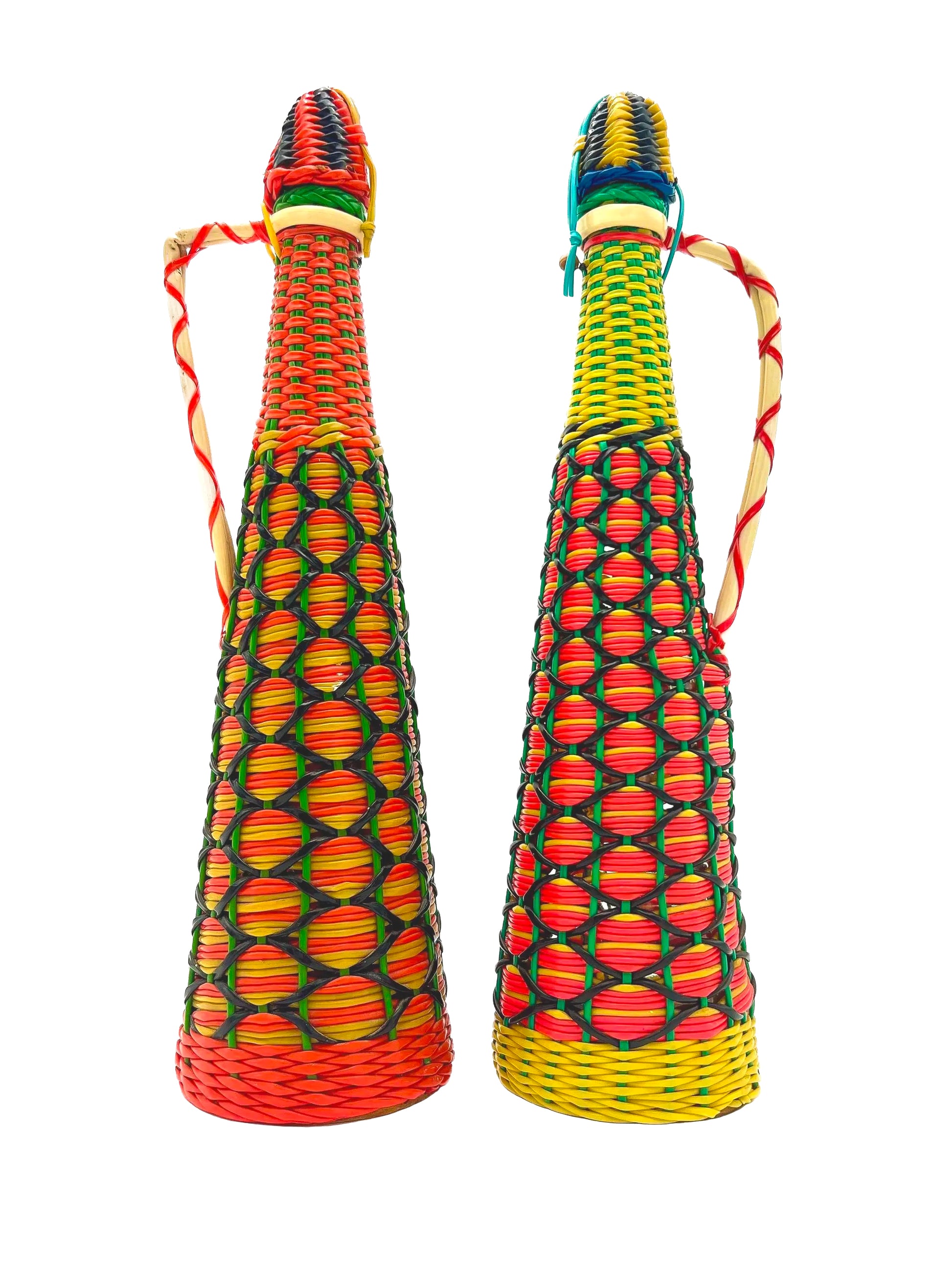 Spanish vintage decanter wrapped in colorful 1960s boho Scoubidou woven plastic webbing.