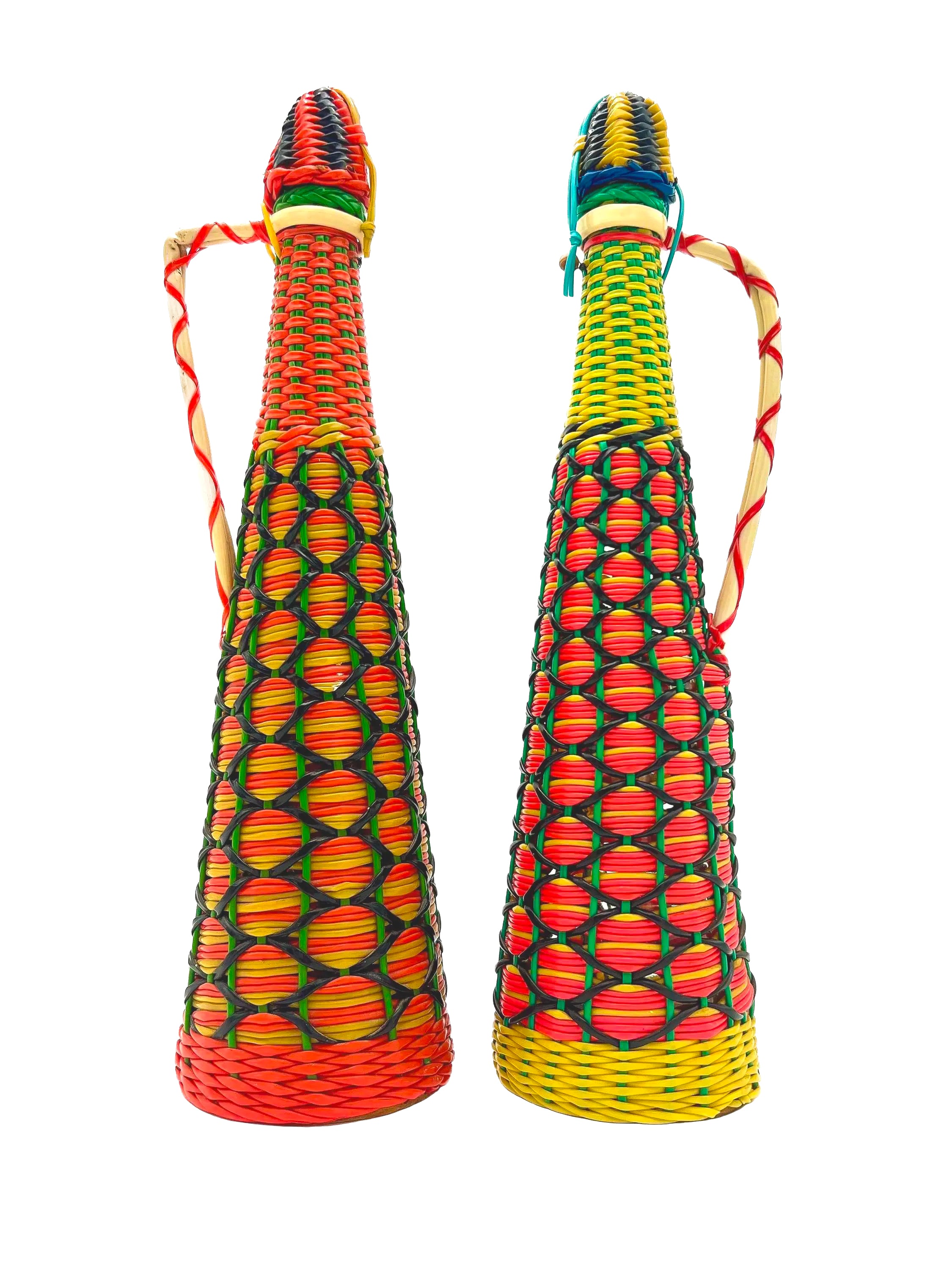 Spanish vintage decanter wrapped in colorful 1960s boho Scoubidou woven plastic webbing.