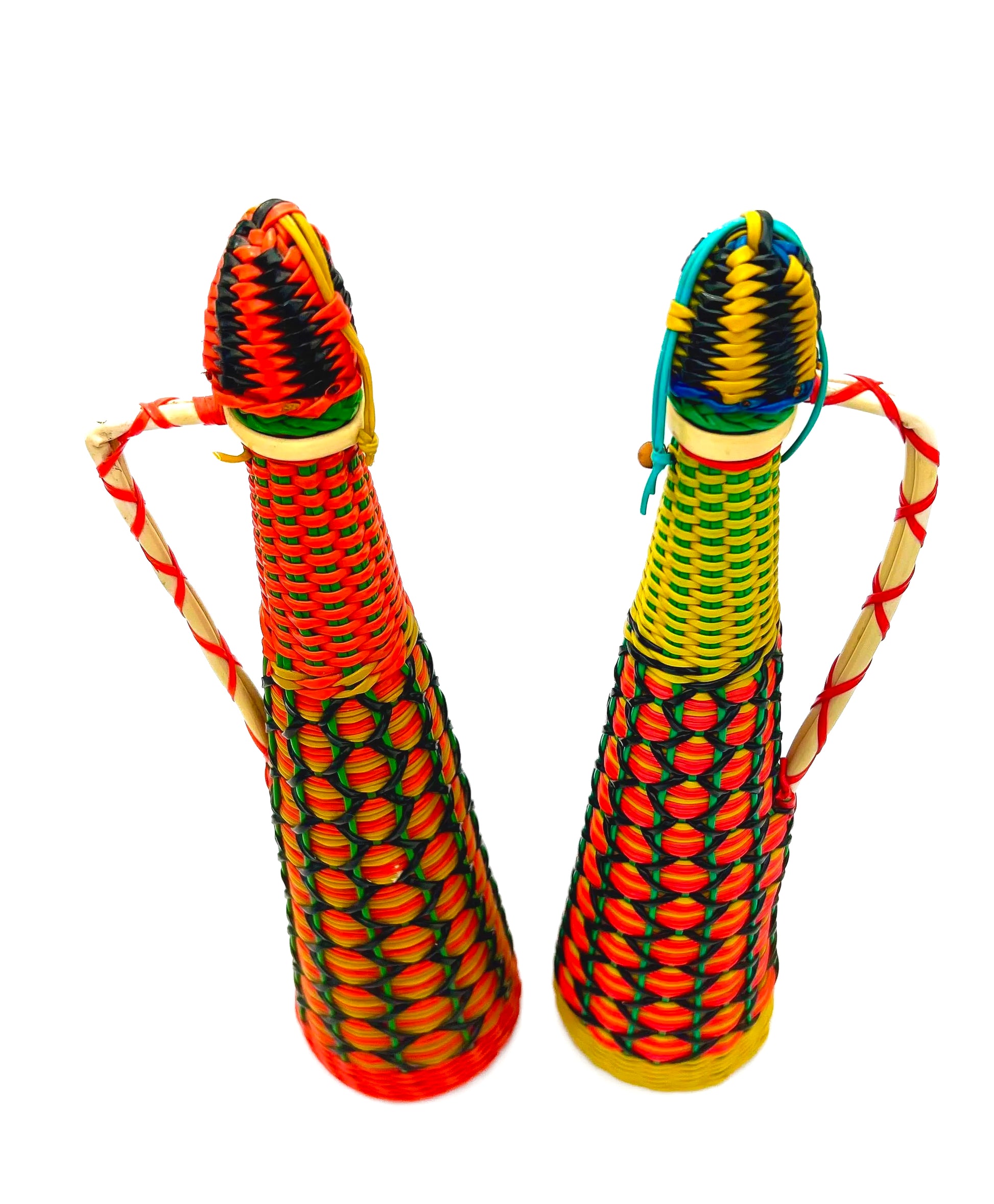 Spanish vintage decanter wrapped in colorful 1960s boho Scoubidou woven plastic webbing.