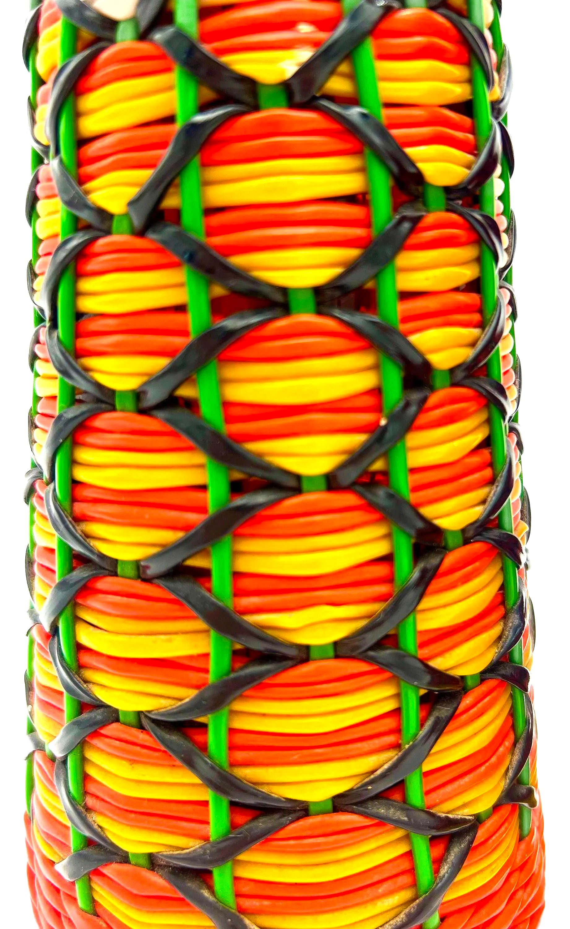 Spanish vintage decanter wrapped in colorful 1960s boho Scoubidou woven plastic webbing.