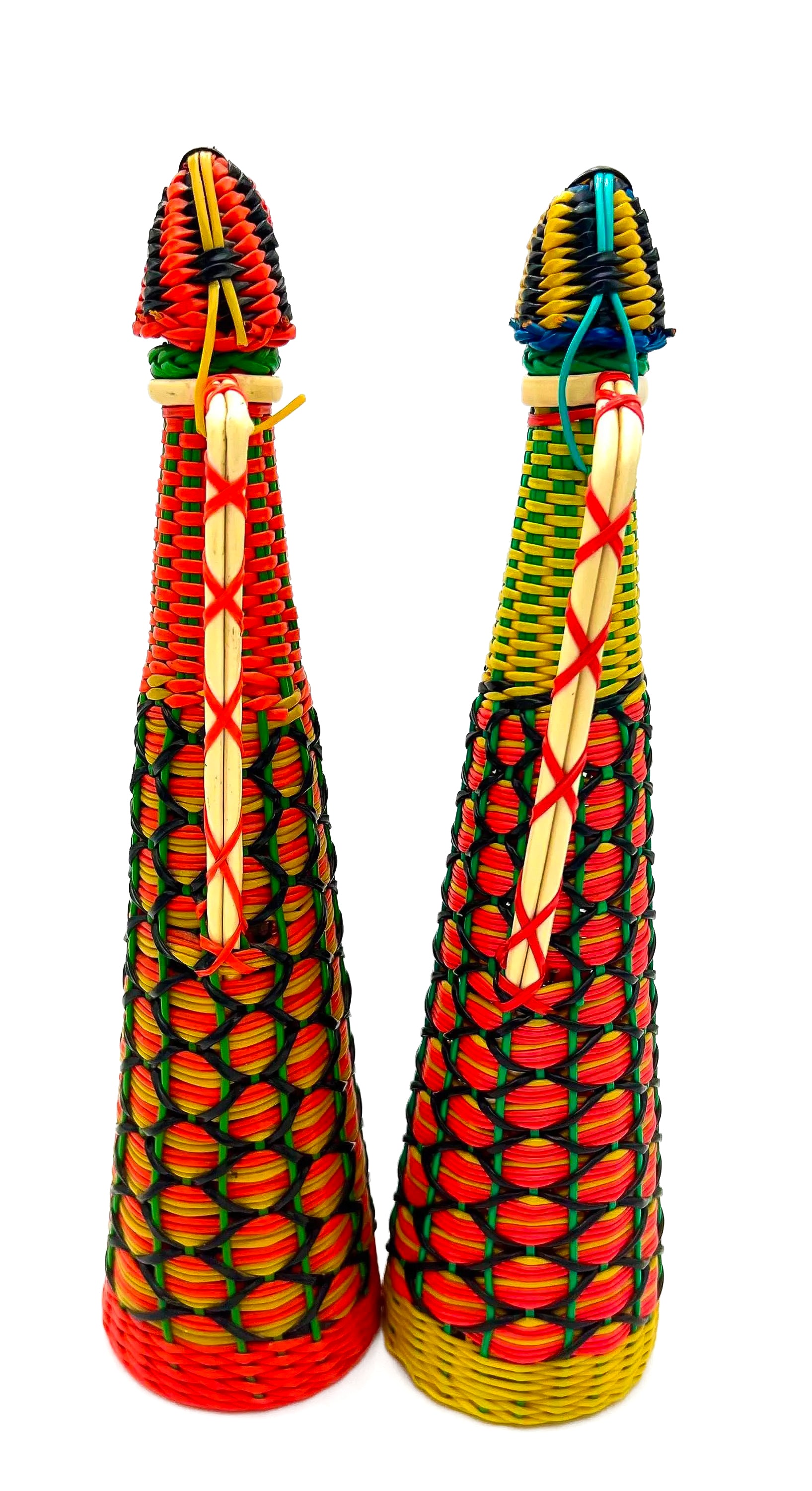 Spanish vintage decanter wrapped in colorful 1960s boho Scoubidou woven plastic webbing.