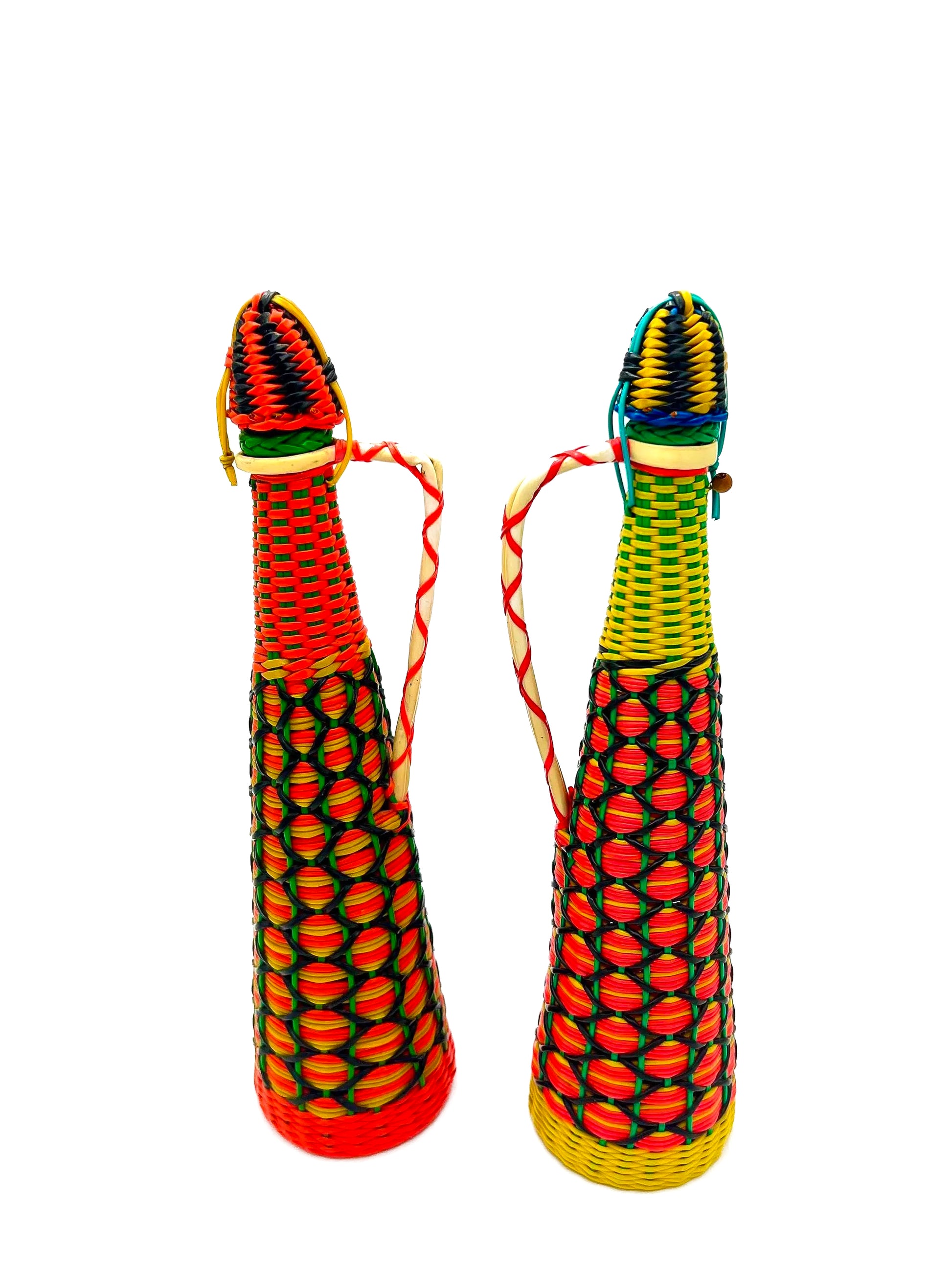 Spanish vintage decanter wrapped in colorful 1960s boho Scoubidou woven plastic webbing.