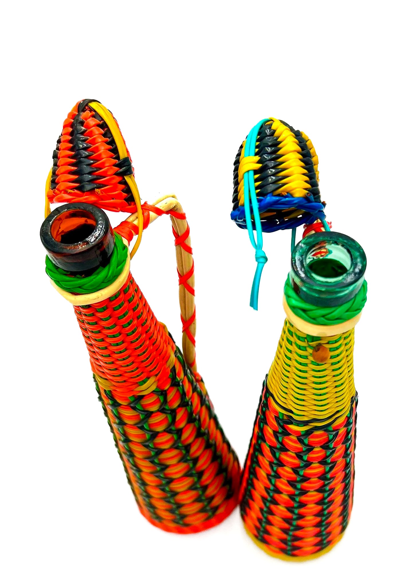 Spanish vintage decanter wrapped in colorful 1960s boho Scoubidou woven plastic webbing.
