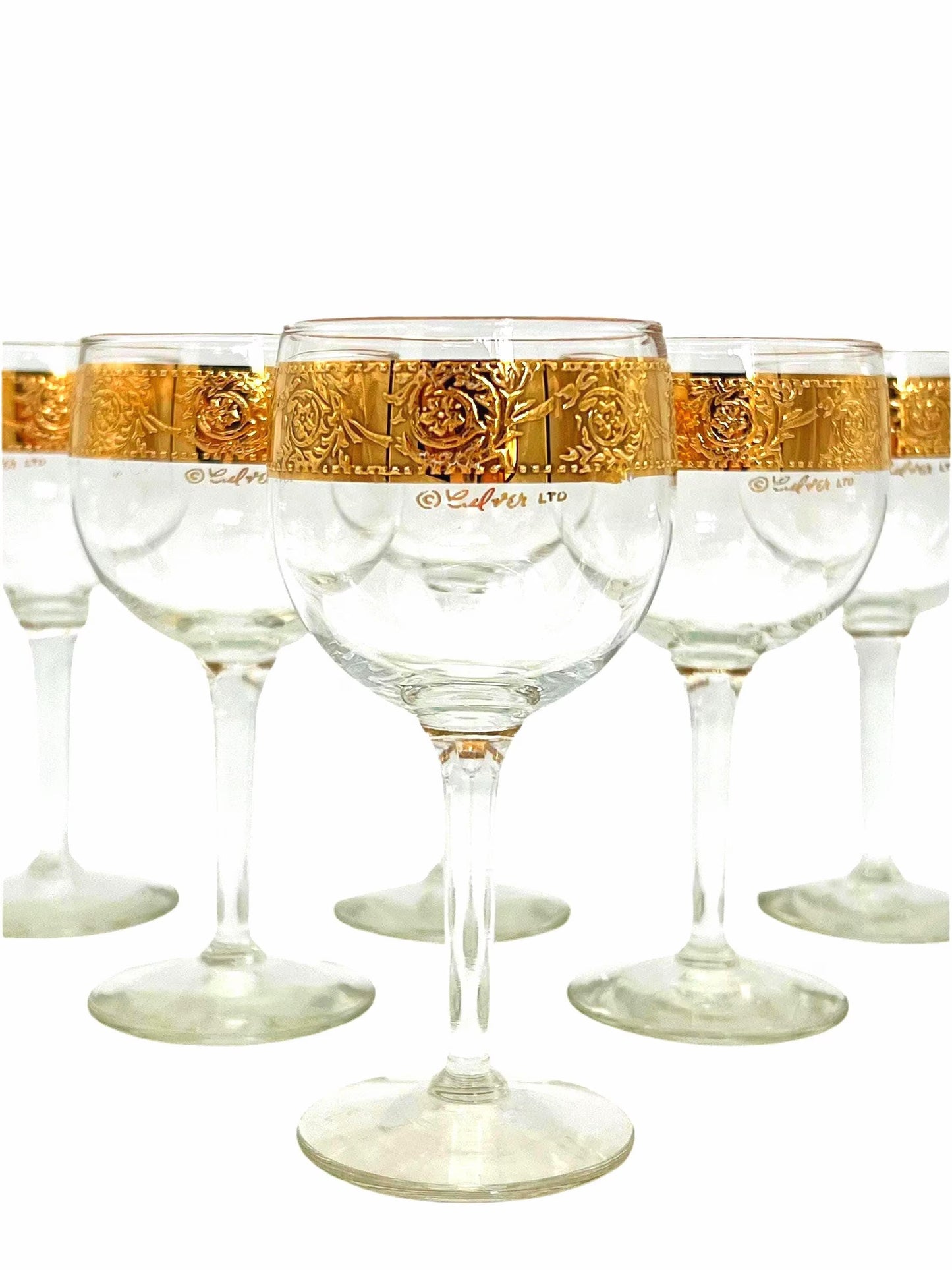 Set of 6 vintage Culver Tyrol wine glasses featuring 22k gold encrusted textured bands on clear glass stems.