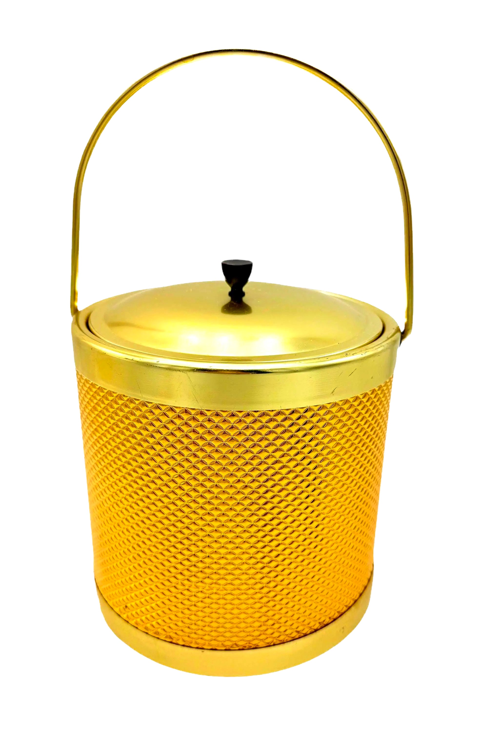 Glamorous 1960s Italian Hollywood Regency ice bucket with a reflective gold finish and matching lid.