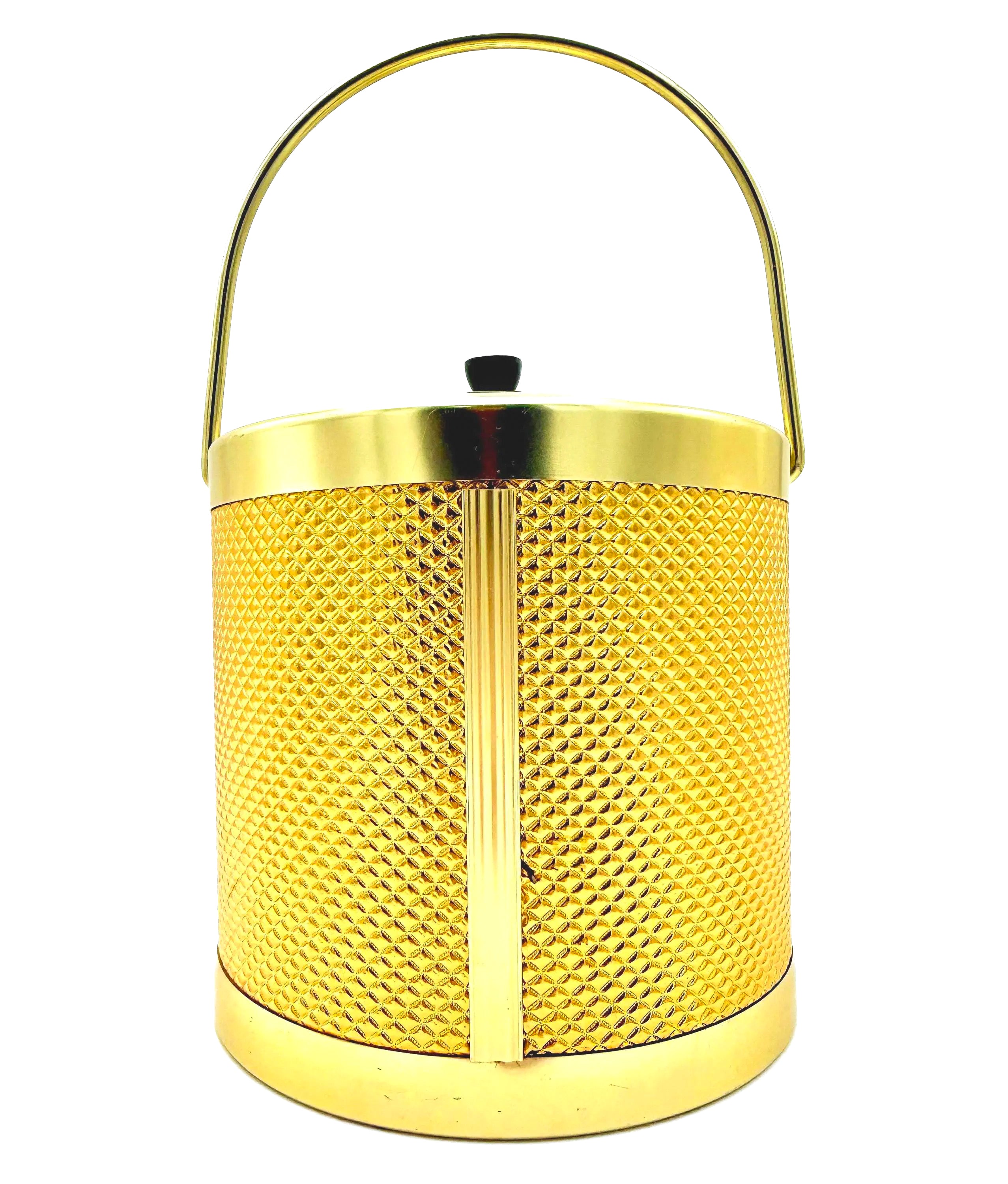 Glamorous 1960s Italian Hollywood Regency ice bucket with a reflective gold finish and matching lid.