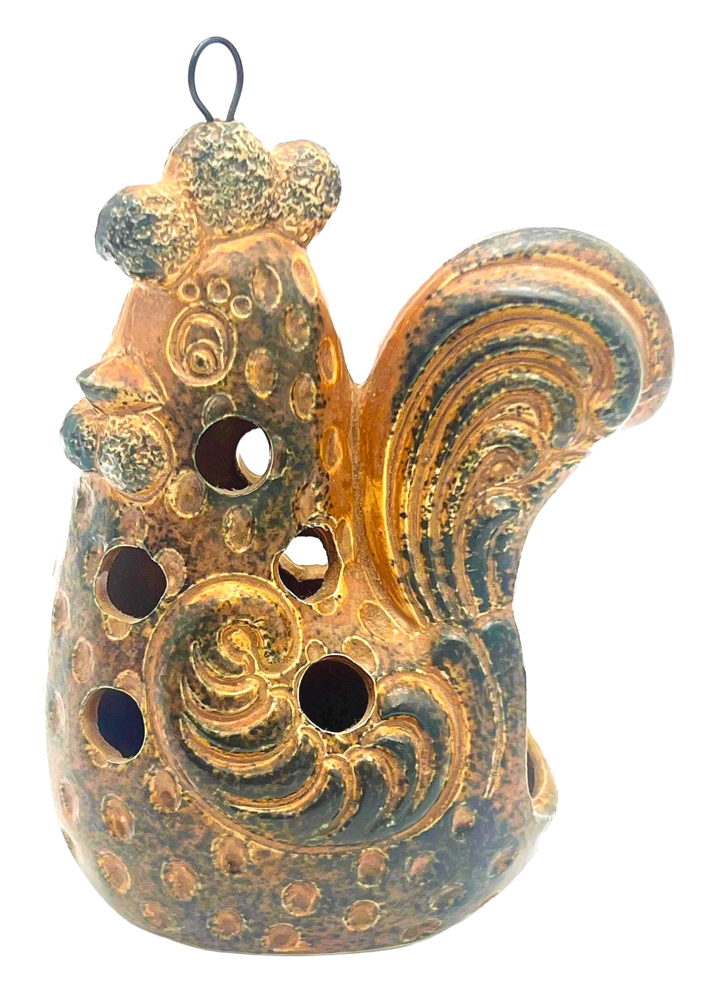 1960s folk art metal rooster candle holder with colorful "New Trends" era styling.