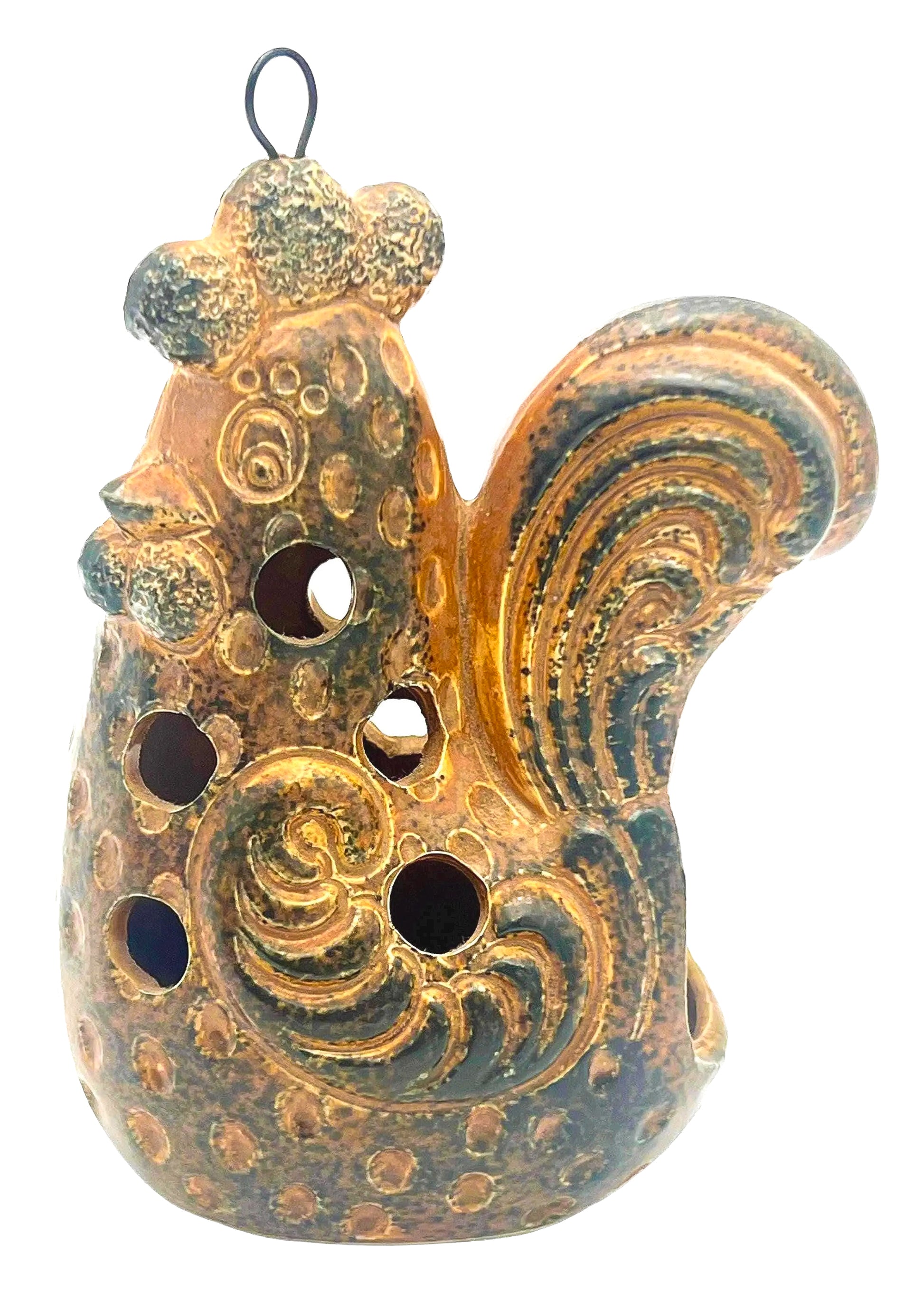 1960s folk art metal rooster candle holder with colorful "New Trends" era styling.