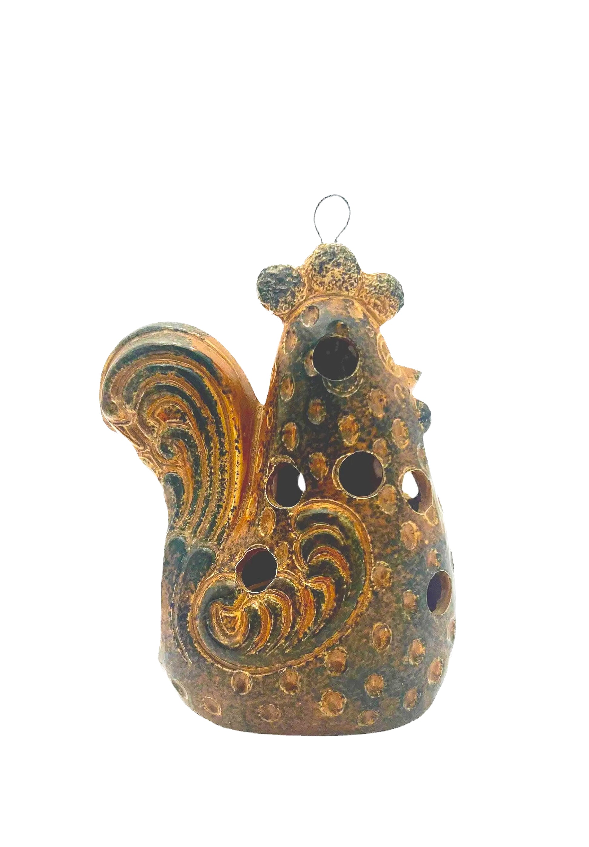 1960s folk art metal rooster candle holder with colorful "New Trends" era styling.