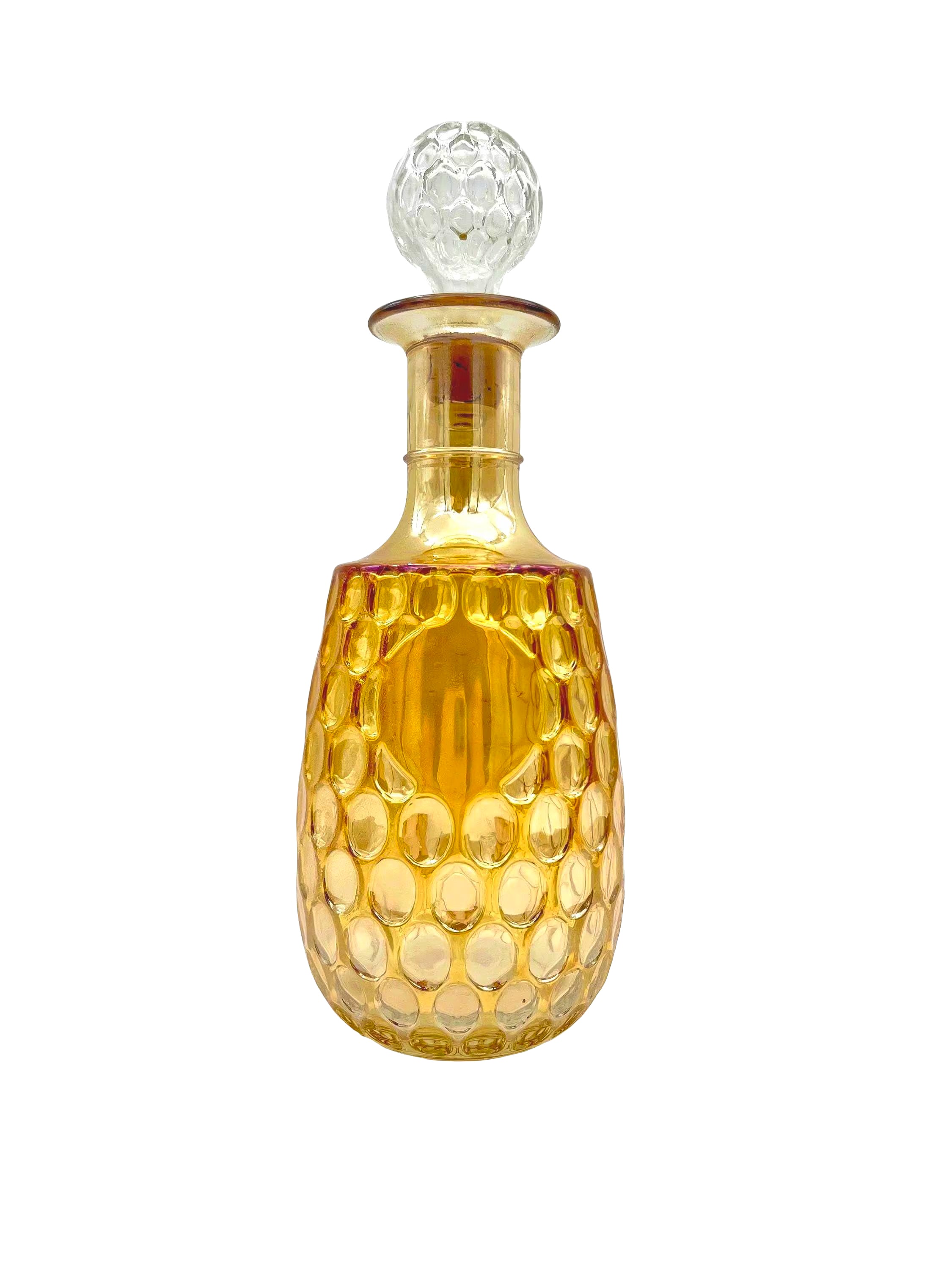 Vintage 1960s Old Forester whisky decanter in iridescent carnival glass with a textured geometric pattern.