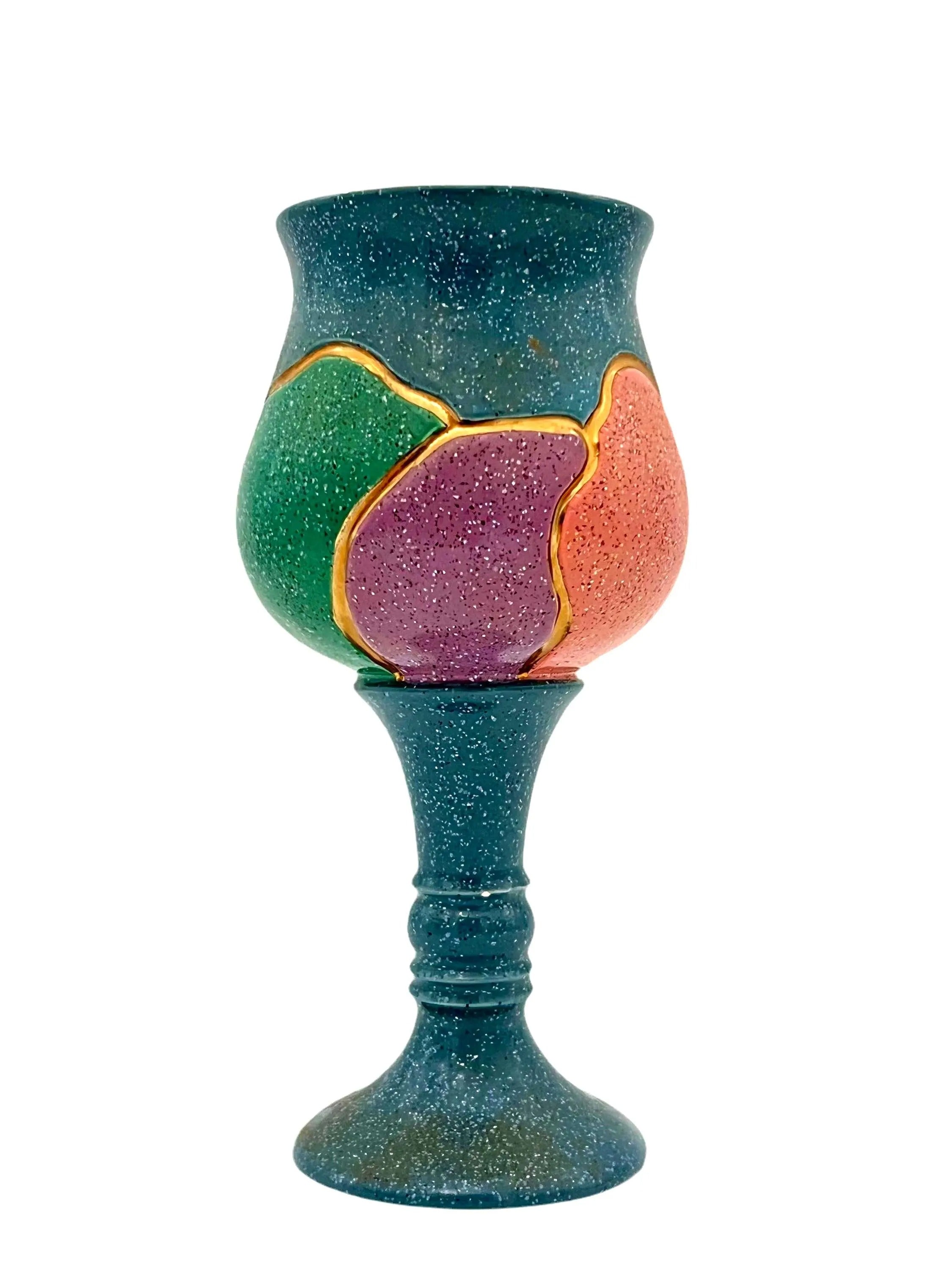 Large 1980s decorative ceramic goblet with unique artistic glazing and a sculptural stem.