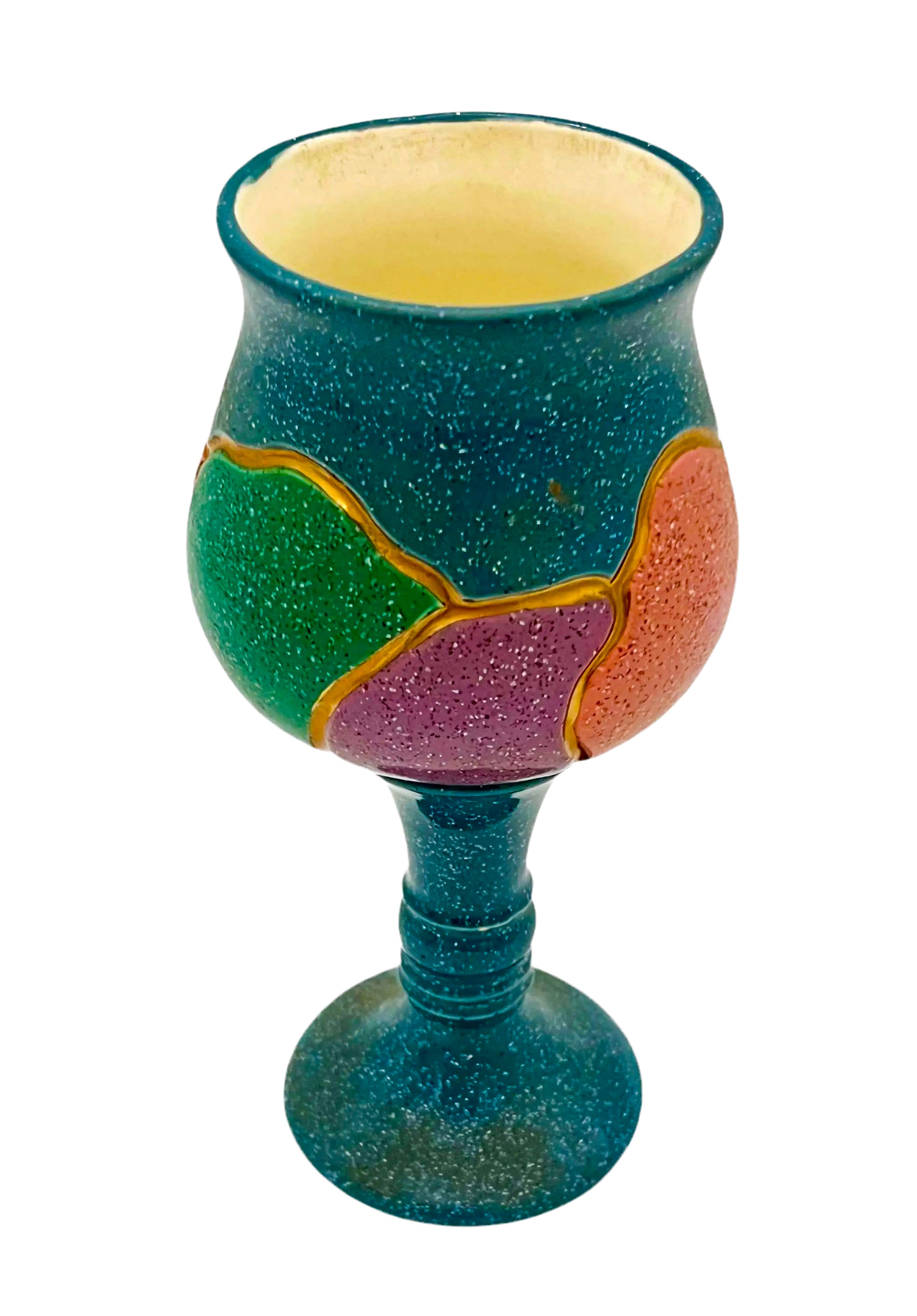 Large 1980s decorative ceramic goblet with unique artistic glazing and a sculptural stem.