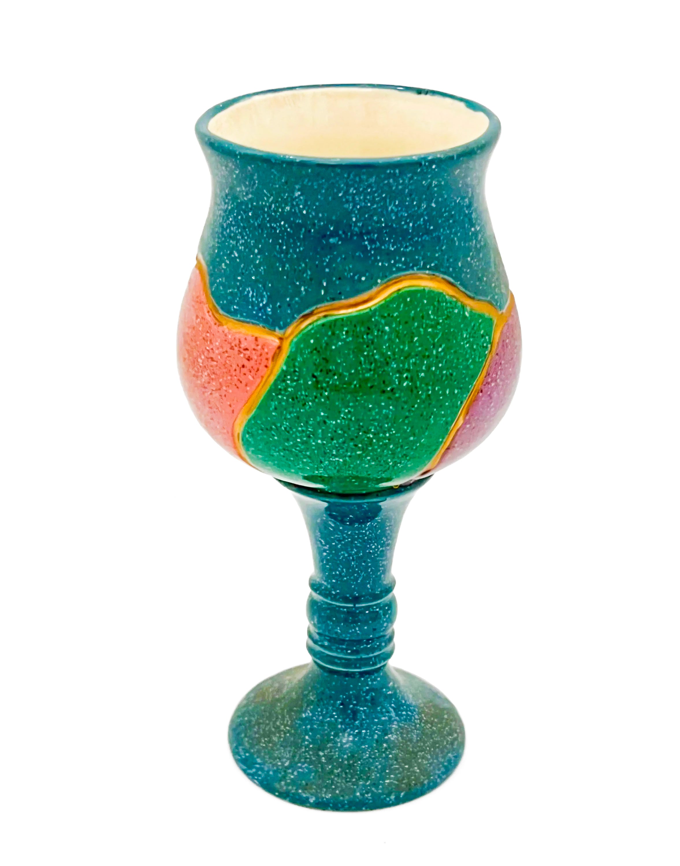 Large 1980s decorative ceramic goblet with unique artistic glazing and a sculptural stem.