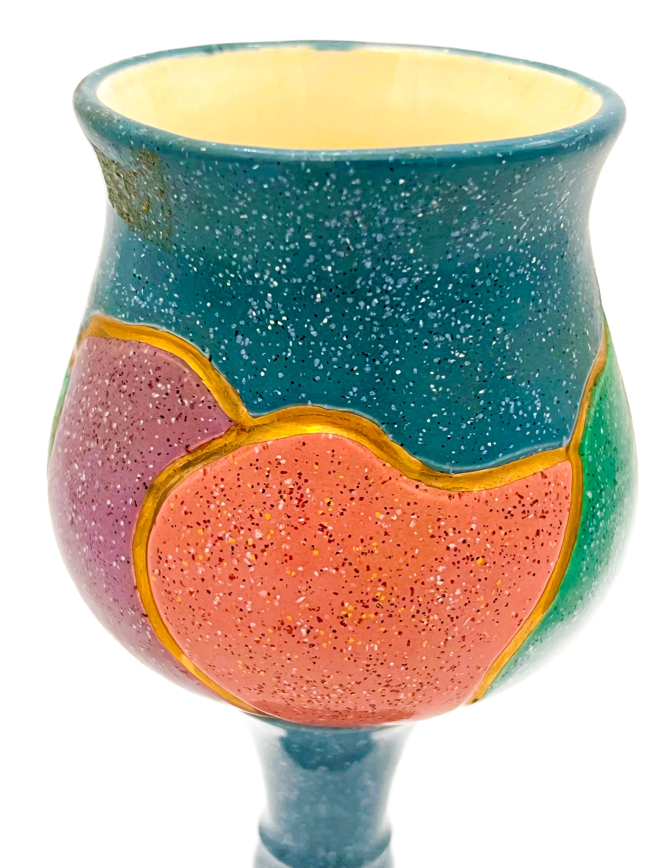 Large 1980s decorative ceramic goblet with unique artistic glazing and a sculptural stem.