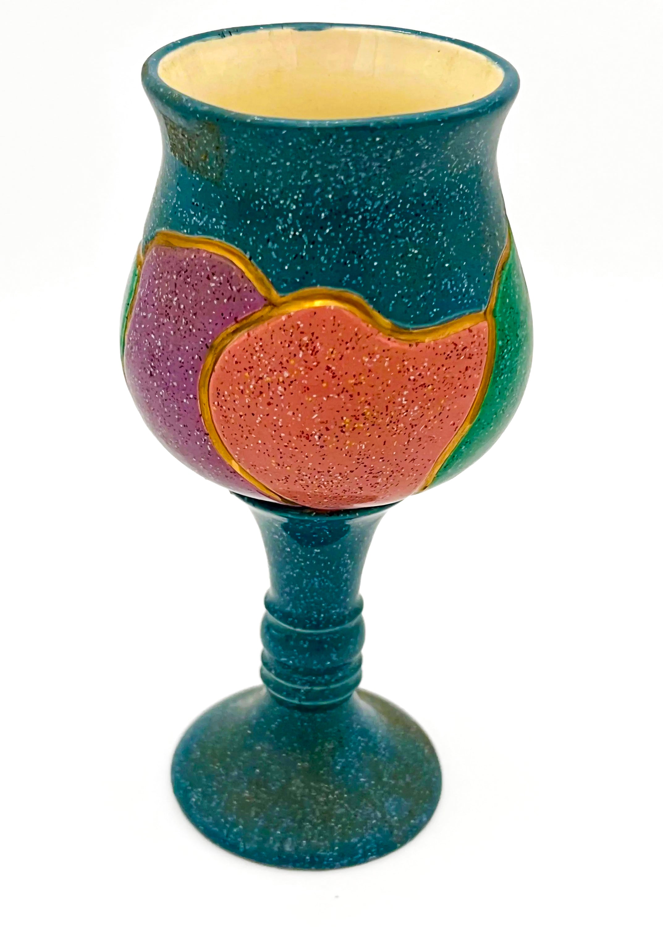 Large 1980s decorative ceramic goblet with unique artistic glazing and a sculptural stem.