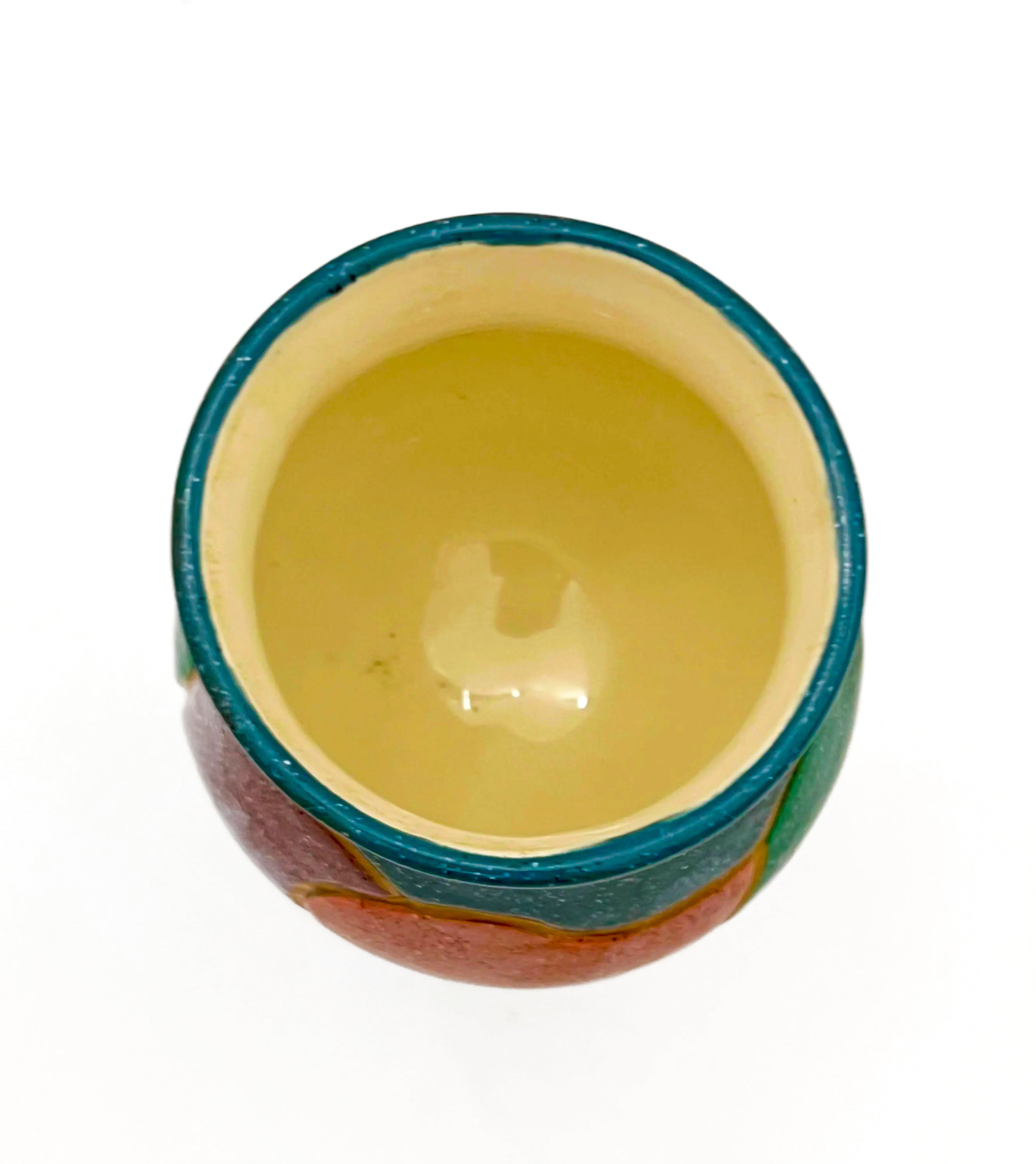 Large 1980s decorative ceramic goblet with unique artistic glazing and a sculptural stem.