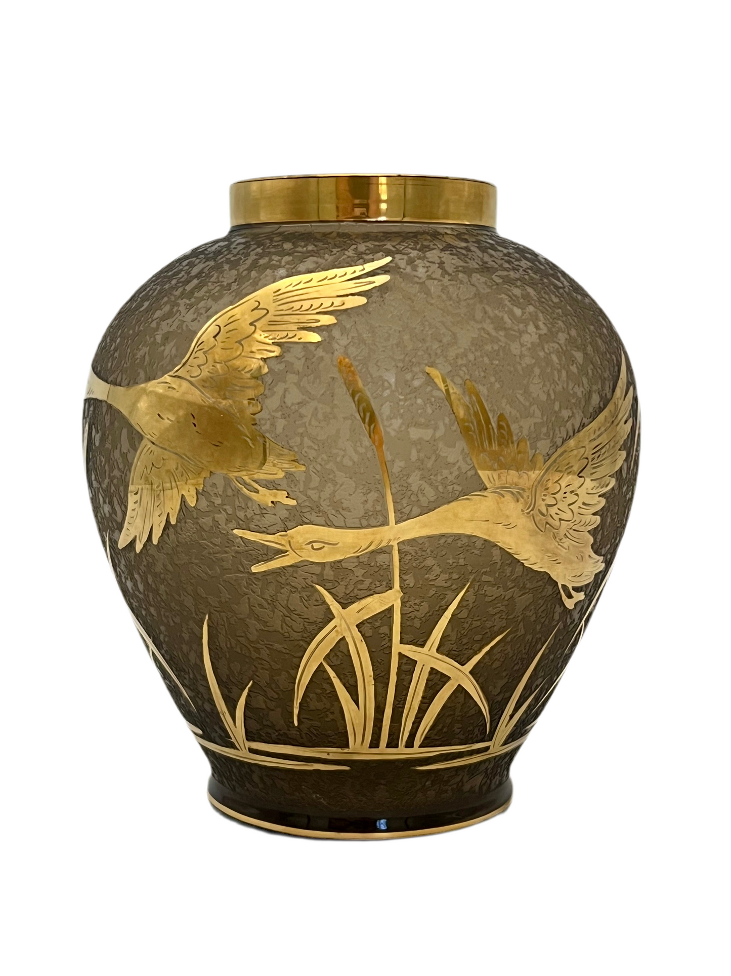 Vintage Cofrac France Art Verrier Vase – Frosted Glass with 24k Gold Cranes, 1970s French Art Deco Revival Home Decor