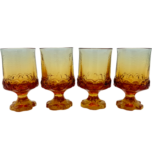 SET OF 4 VINTAGE 1970s TIFFIN FRANCISCAN MADEIRA SCALLOPED AMBER GOBLETS