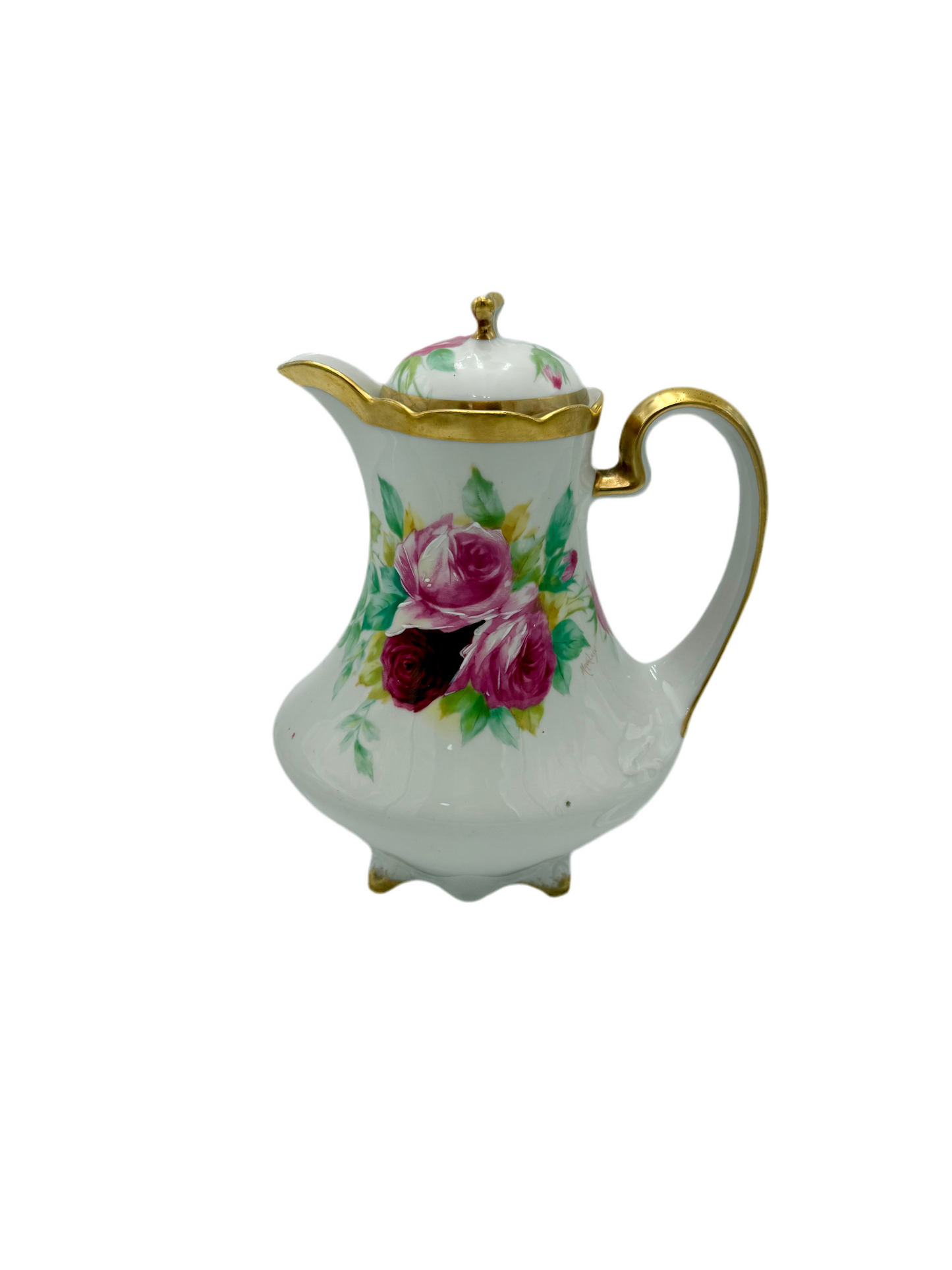 ANTIQUE LIMOGES “CORONET” HAND-PAINTED CHOCOLATE POT – SIGNED MAVALEIX – PINK ROSES & GOLD TRIM – ART NOUVEAU ERA FRANCE c.1906–1920