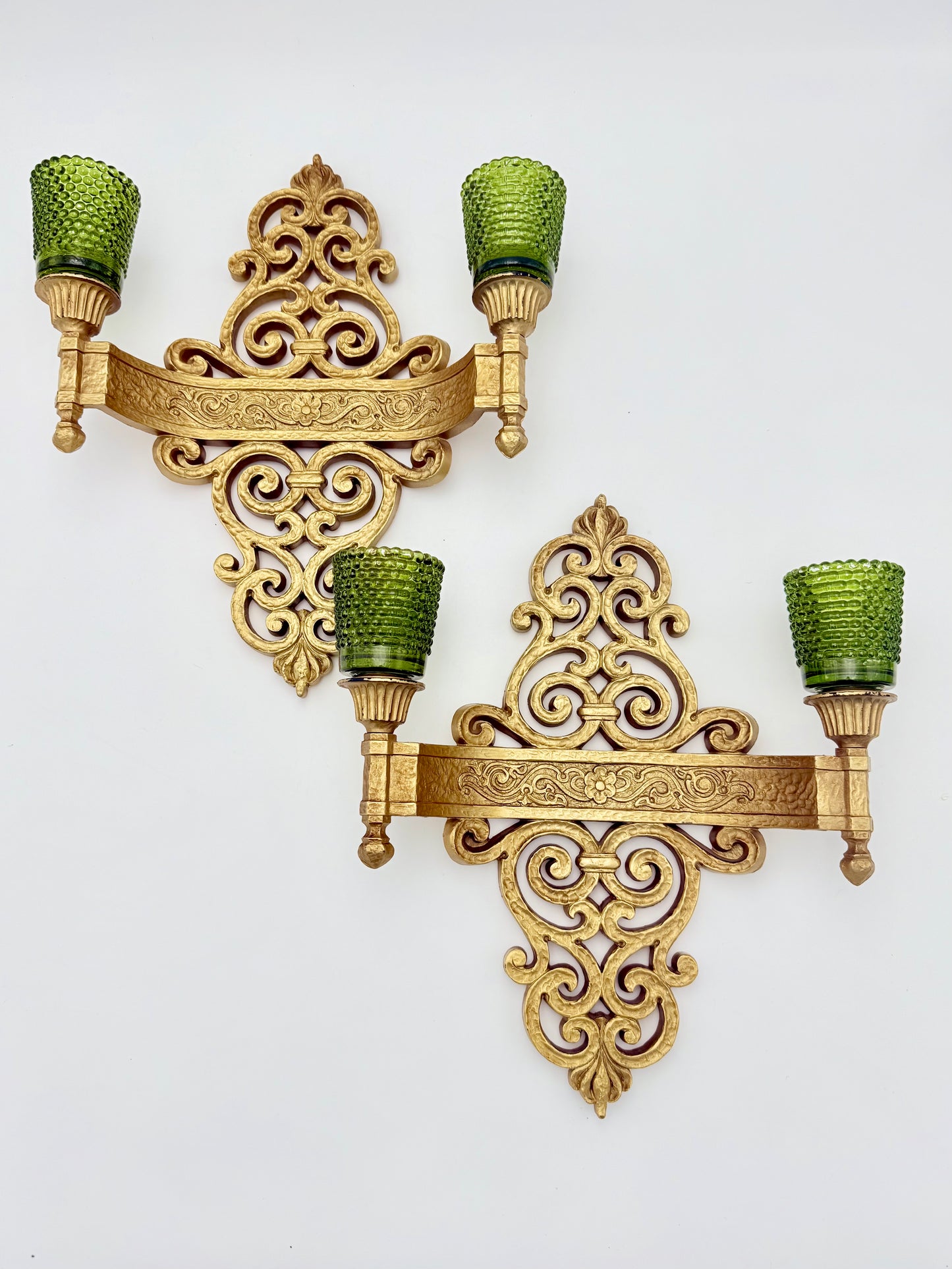 VINTAGE 1969 SYROCO GOLD SCROLL WALL SCONCES WITH GREEN HOBNAIL GLASS CUPS