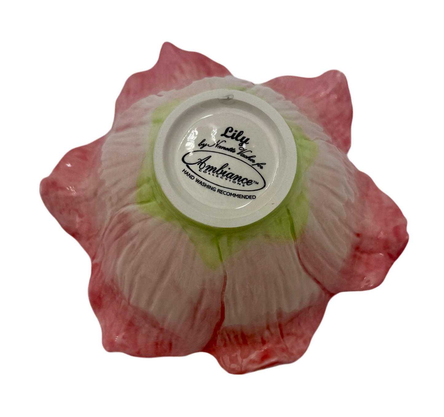 Vintage Pink Lily Ceramic Bowl & Plate Set by Nanette Vacher for Ambiance – 1990s Floral Bowl Set – Cottagecore Pink Decor – Set of 8