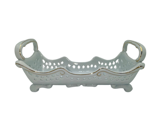 ELEGANT RETICULATED PORCELAIN CENTERPIECE BASKET WITH GOLD TRIM BY B&L PORCELAIN TREASURES