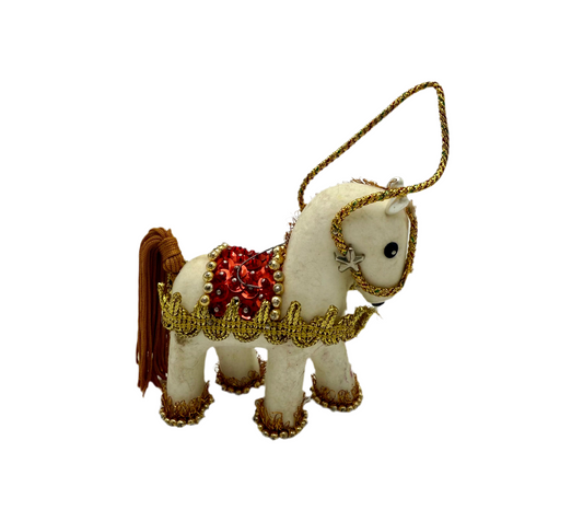 VINTAGE HANDMADE FELT HORSE ORNAMENT – MID-CENTURY SEQUIN & GOLD TRIM – RETRO CHRISTMAS DECOR – ECLECTIC WHIMSY STYLE