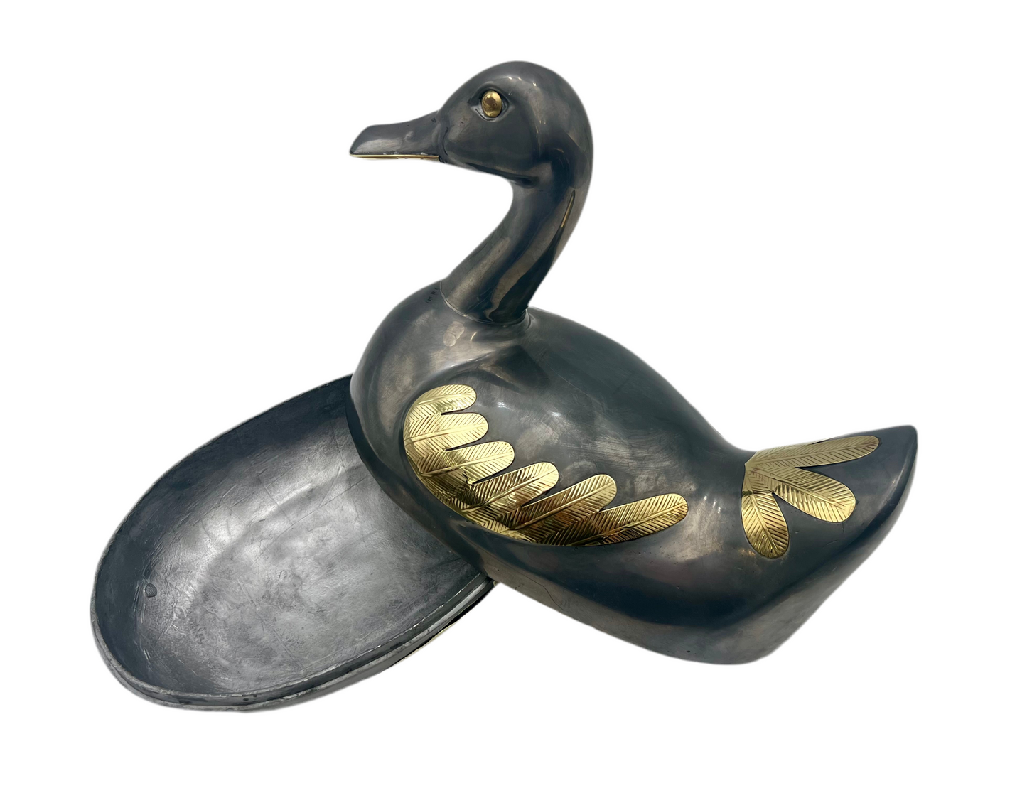 VINTAGE MID CENTURY PEWTER AND BRASS DUCK VESSEL, CIRCA 1970’S on