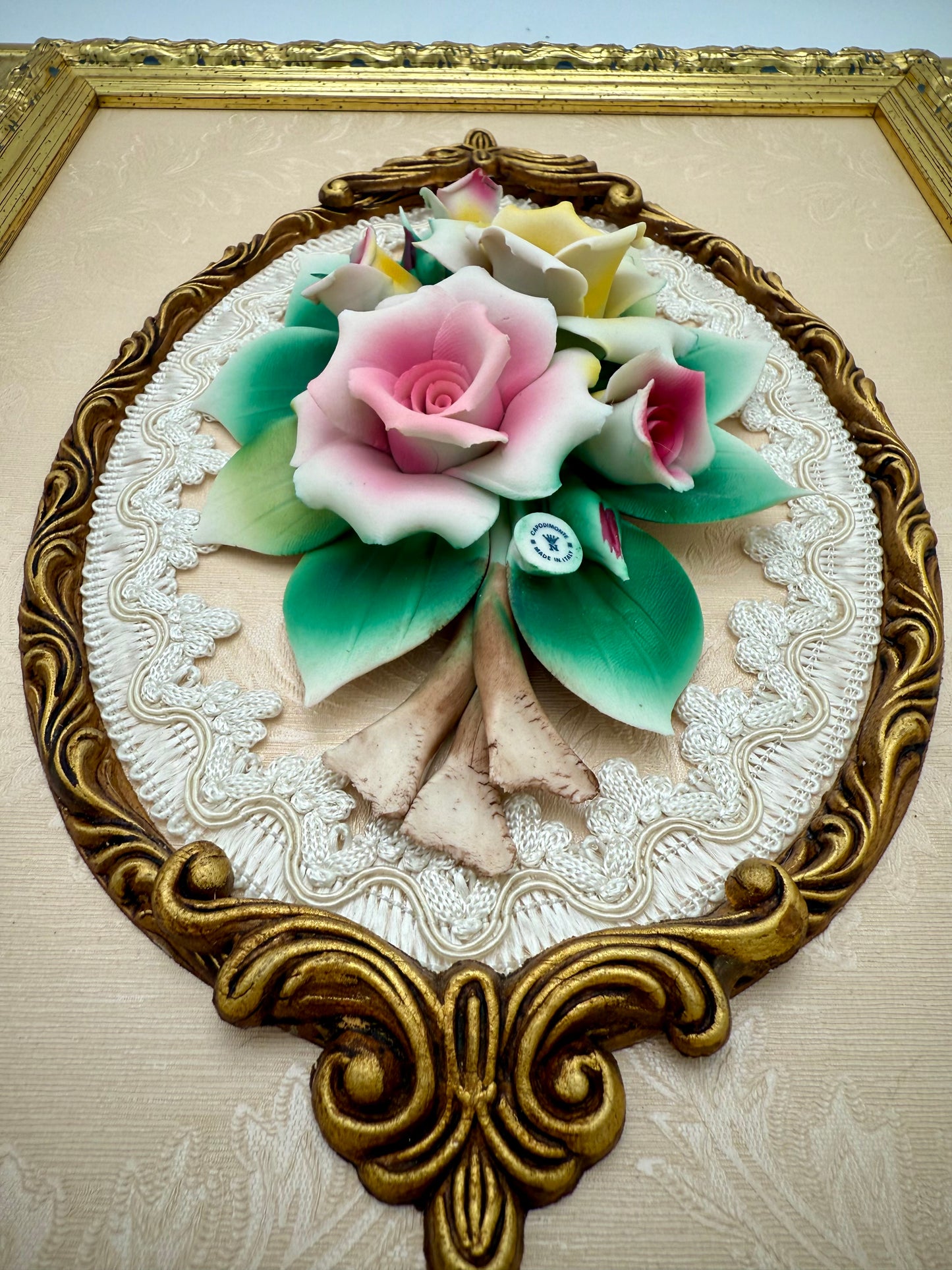CREAZIONI ARTISTICHE DI CAPODIMONTE – VINTAGE ITALIAN PORCELAIN FLORAL WALL PLAQUES – GOLD GILT FRAMES – 16.5” × 14” – SET OF TWO