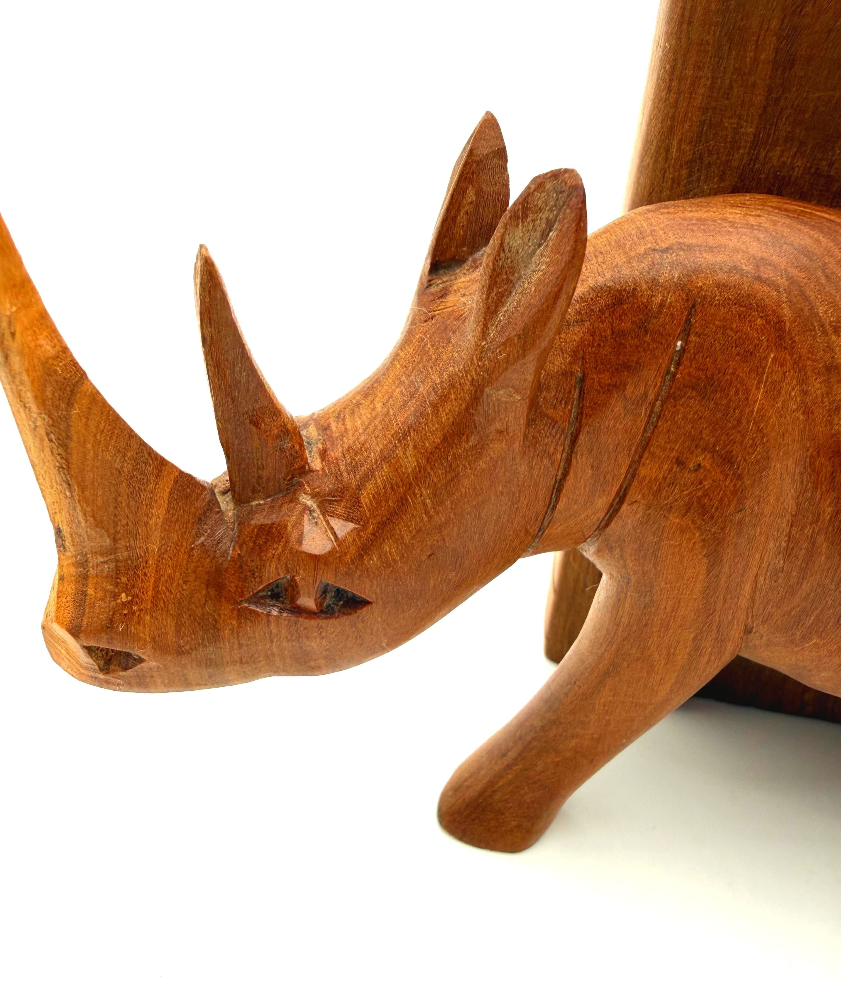 VINTAGE HAND CARVED WOOD RHINO BOOKENDS