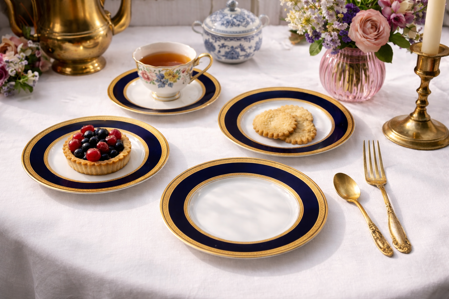 VINTAGE HUTSCHENREUTHER MONARCH COBALT BLUE & GOLD BREAD PLATES – GERMAN PORCELAIN – SET OF FOUR – 7.5 INCH