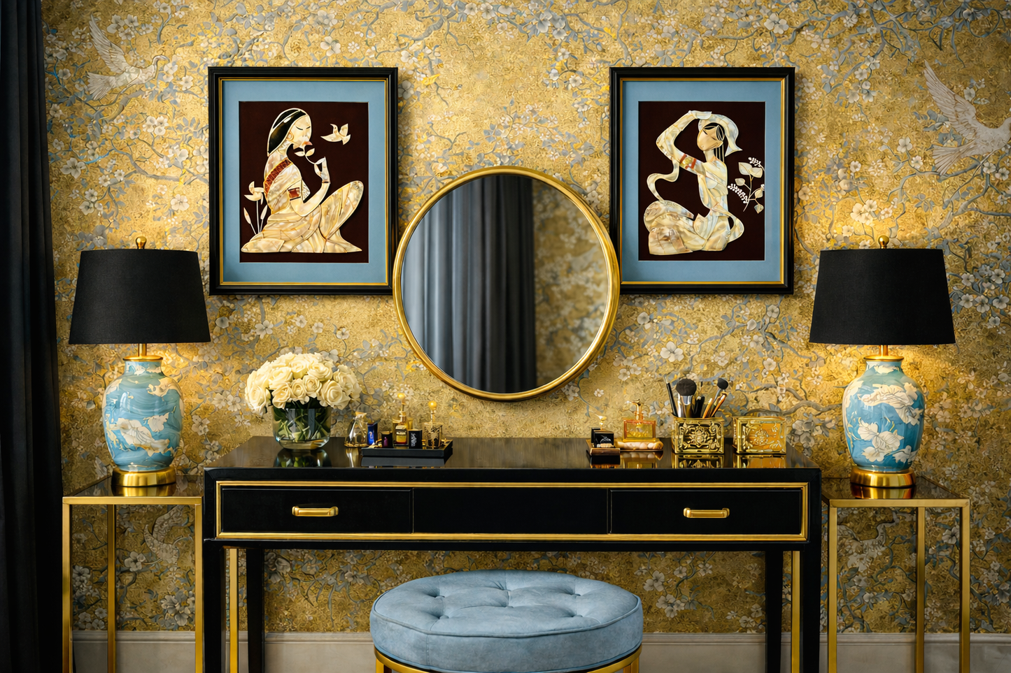 VINTAGE MOTHER OF PEARL WOMAN WITH BIRD – FRAMED SHELL INLAY ART PANEL – 22X16 INCHES