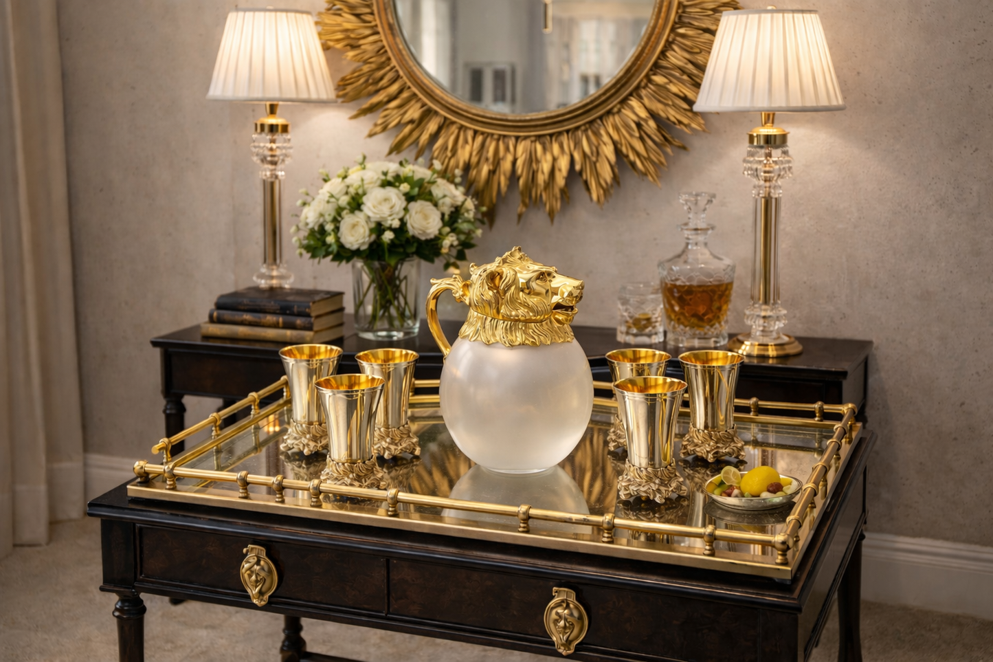 VINTAGE LION HEAD BARWARE SET – HOLLYWOOD REGENCY GLASS PITCHER & 6 CUPS – CAROLE STUPELL STYLE