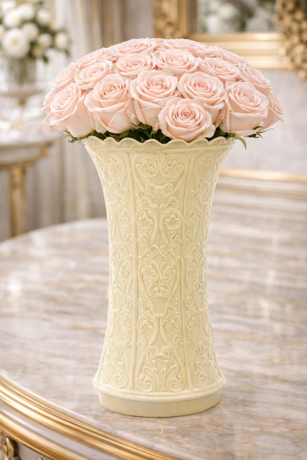 VINTAGE LENOX IVORY EMBOSSED PORCELAIN VASE – SCALLOPED RIM, RAISED FLORAL SCROLL DESIGN, 1930s–1950s MADE IN USA