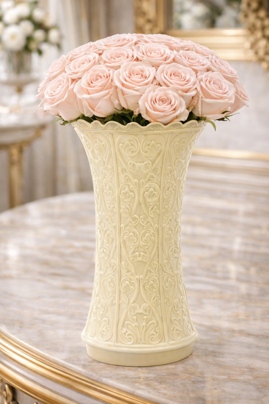 VINTAGE LENOX IVORY EMBOSSED PORCELAIN VASE – SCALLOPED RIM, RAISED FLORAL SCROLL DESIGN, 1930s–1950s MADE IN USA