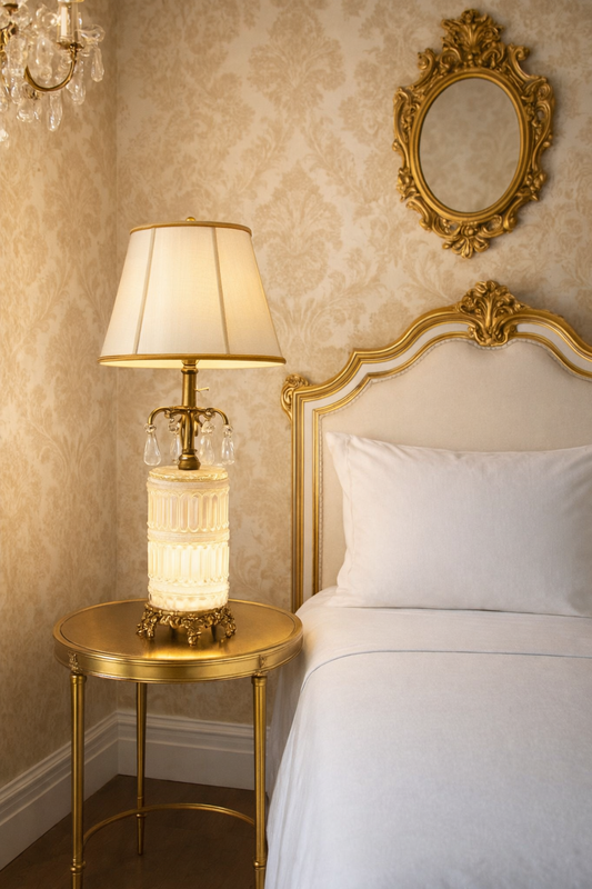 VINTAGE HOLLYWOOD REGENCY MILK GLASS TABLE LAMP – 31.5” – DIAMOND CUT GLOWING BASE – CRYSTAL PRISMS – MID CENTURY GLAM