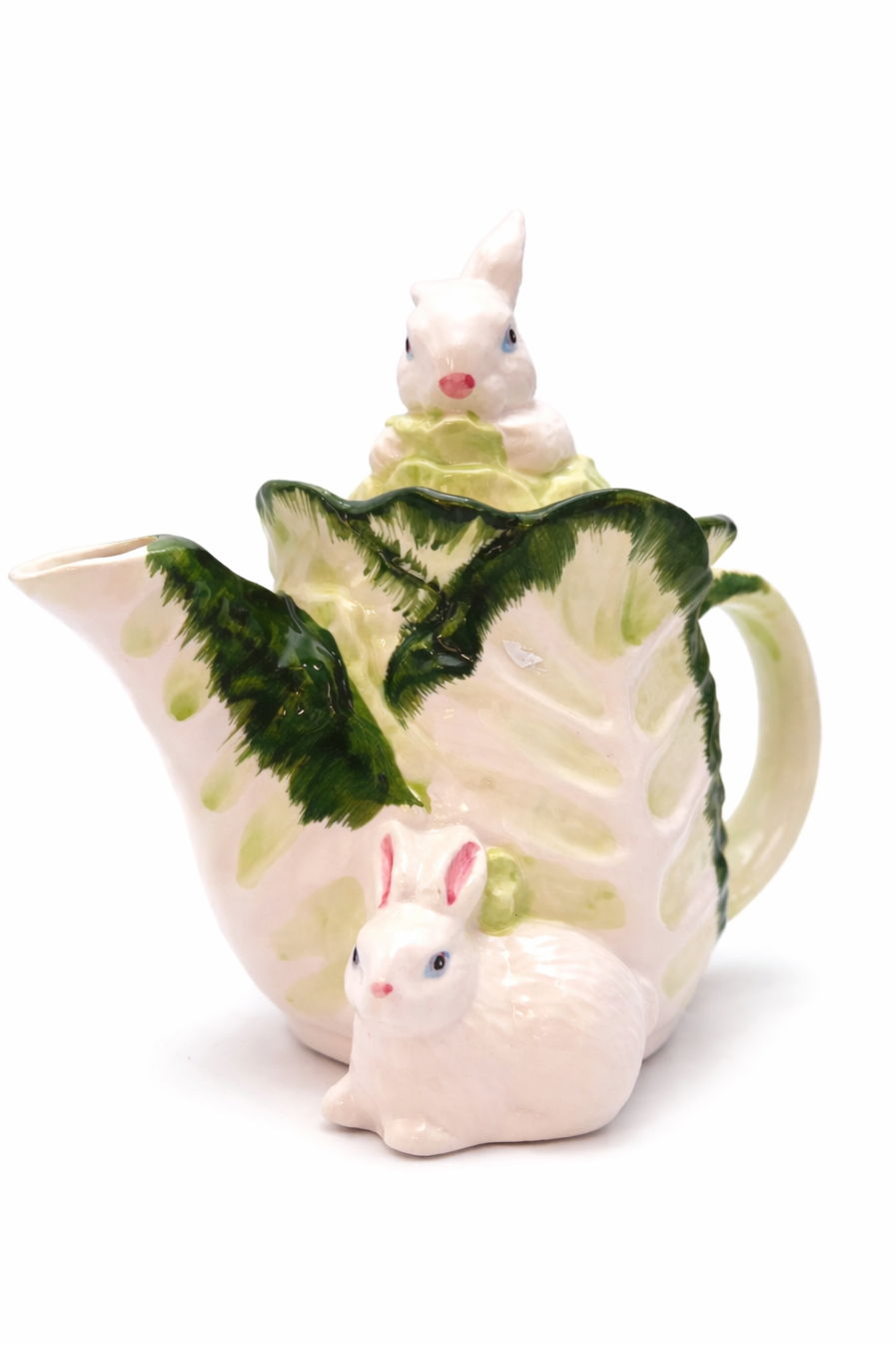 VINTAGE MAJOLICA RABBIT CABBAGEWARE TEAPOT HAND PAINTED GREEN LEAF CERAMIC SPRING EASTER DECOR